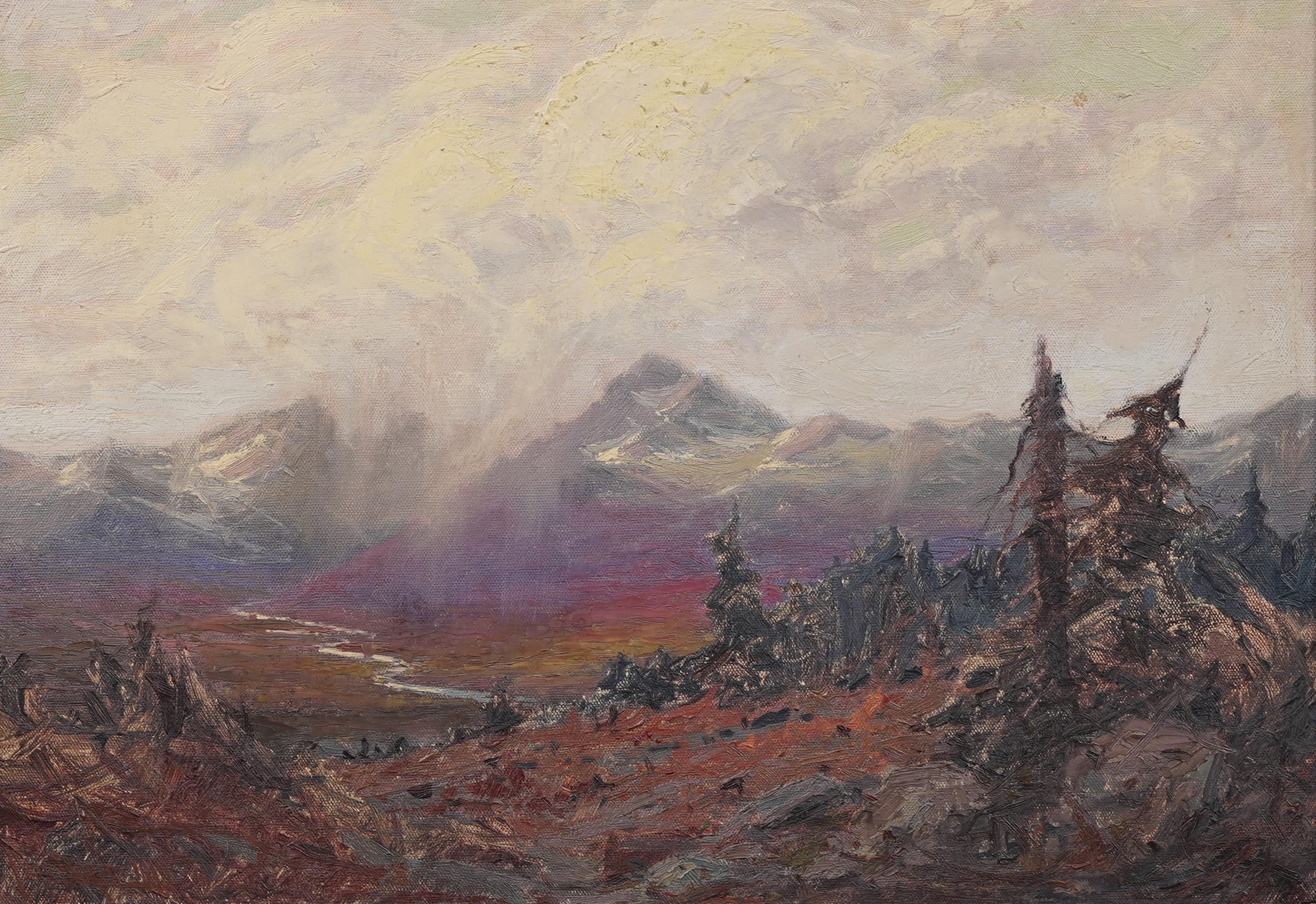 Paesaggio autunnale impressionista del monte Denali in Alaska, dipinto molto finemente da Paul Lauritz (1889 - 1975).  Olio su tela.   Colore e composizione eccellenti.  Custodito in una cornice d'epoca Newcomb Macklin.  Firmato.  Dimensioni