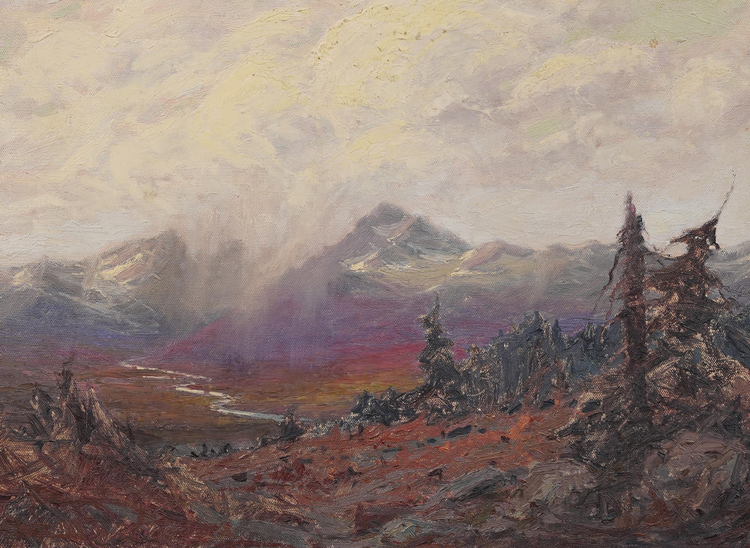 Antico dipinto ad olio con cornice dell'impressionista americano Alaskan Fall Landscape in vendita 1
