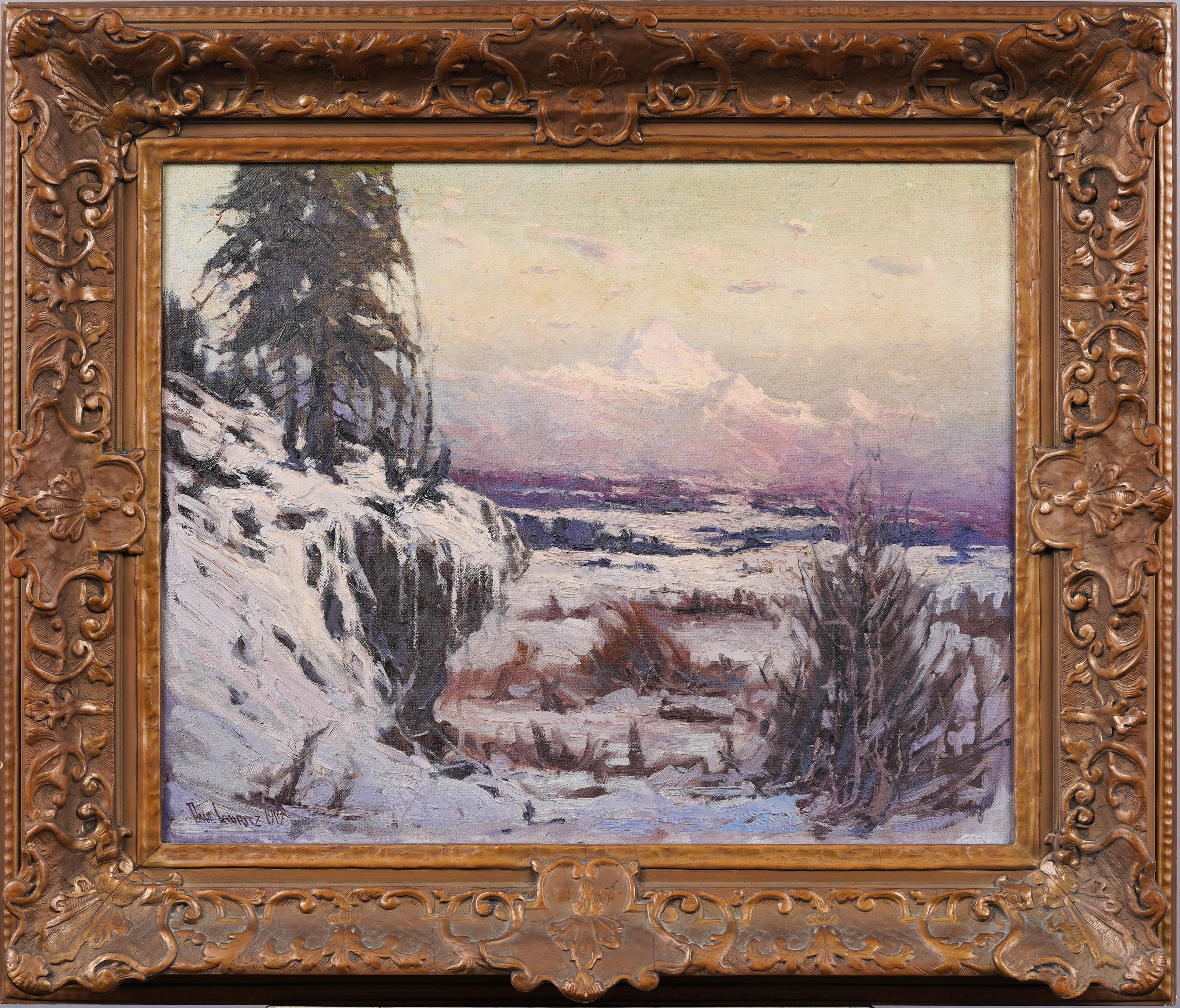 Antico dipinto ad olio con cornice dell'impressionista americano Alaskan Winter Landscape - Painting di Paul Lauritz