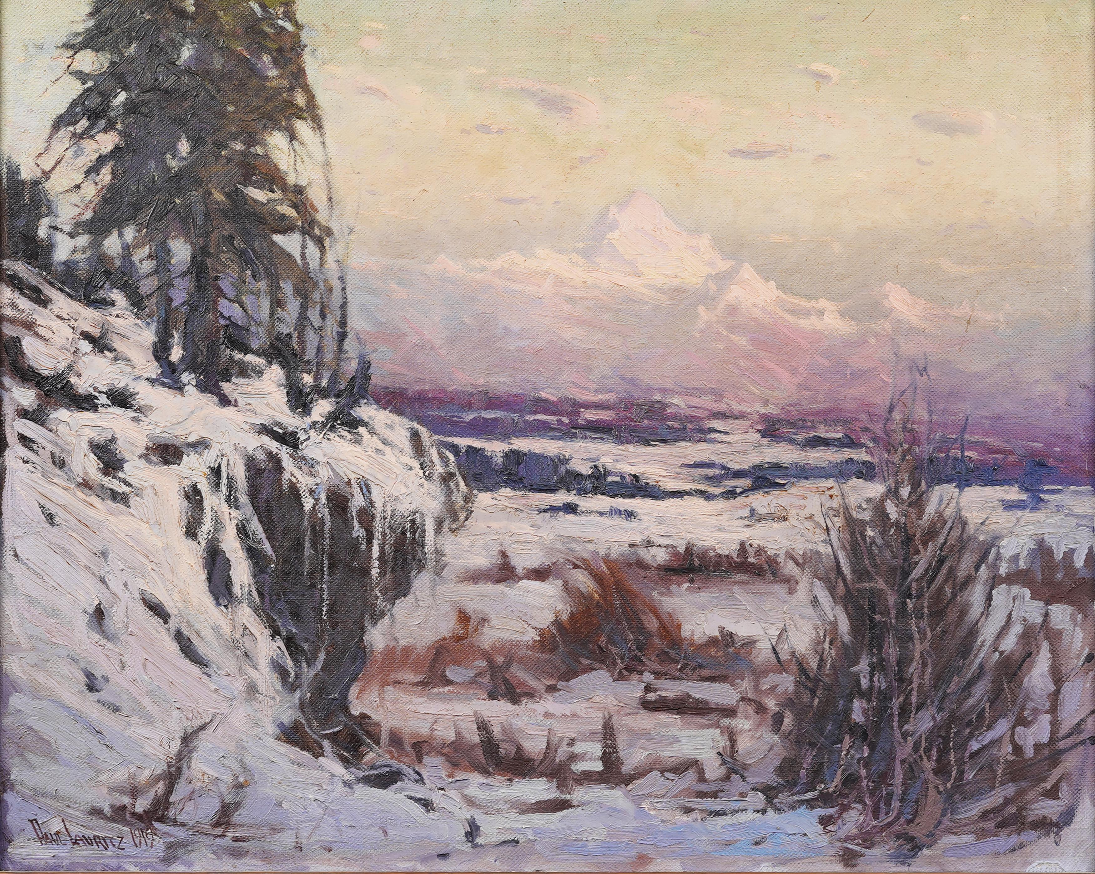 Antico dipinto ad olio con cornice dell'impressionista americano Alaskan Winter Landscape - Painting Impressionismo di Paul Lauritz