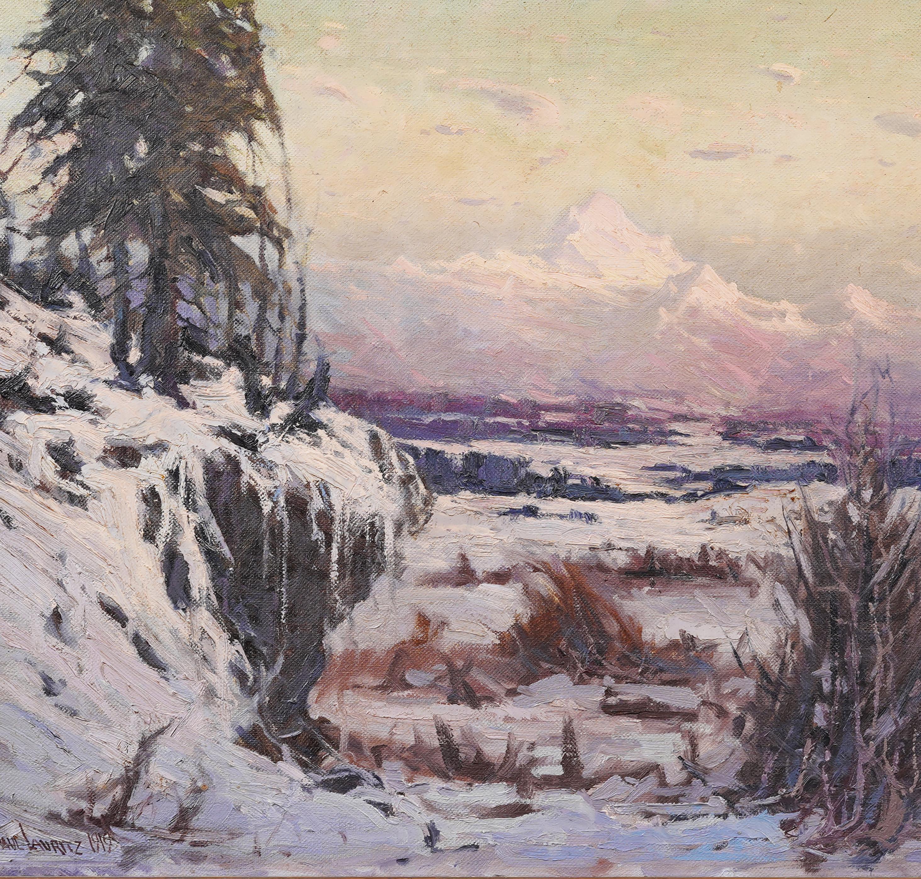 Antico dipinto ad olio con cornice dell'impressionista americano Alaskan Winter Landscape - Landscape Painting Marrone di Paul Lauritz