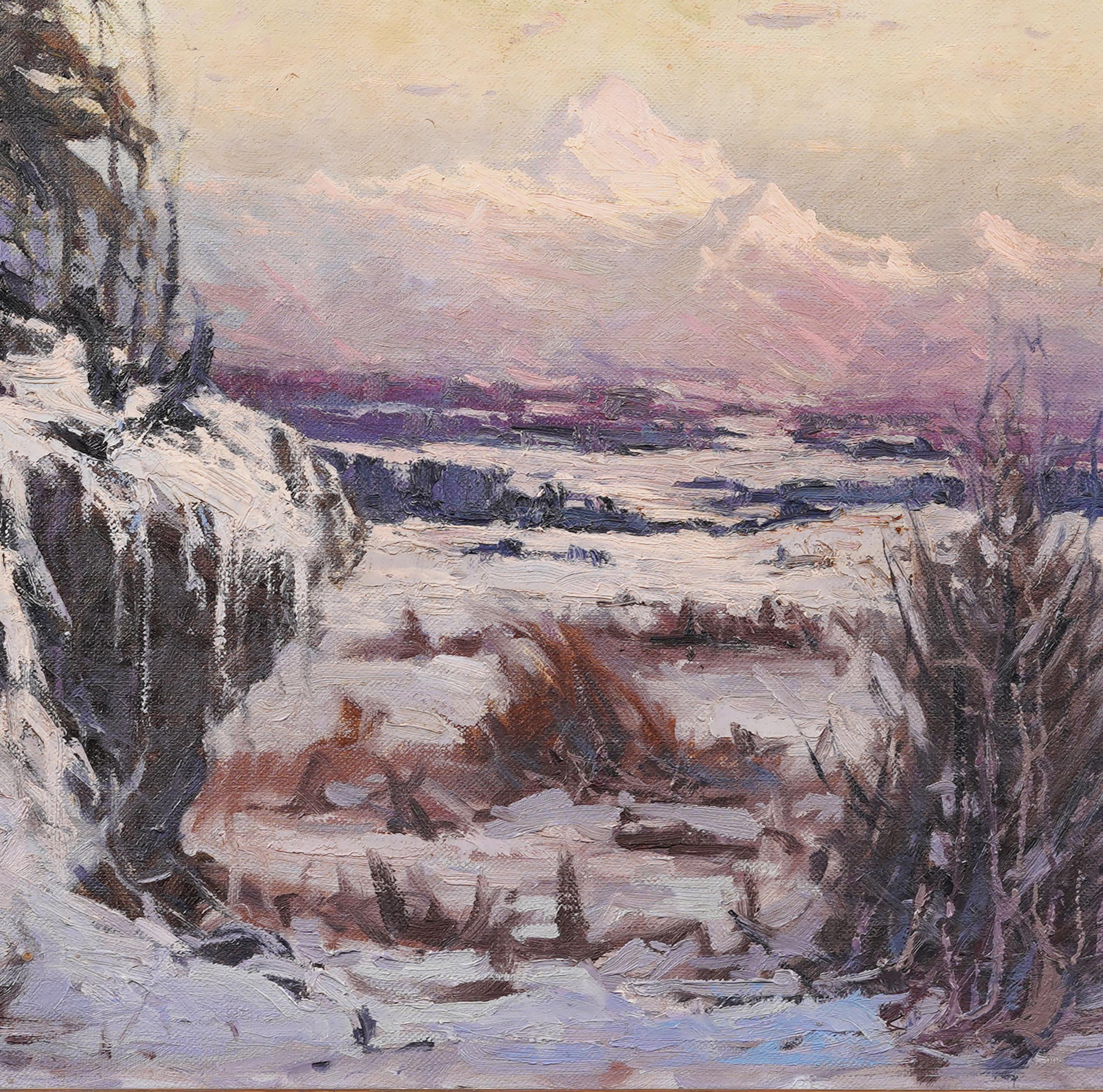 Antico dipinto ad olio con cornice dell'impressionista americano Alaskan Winter Landscape in vendita 1
