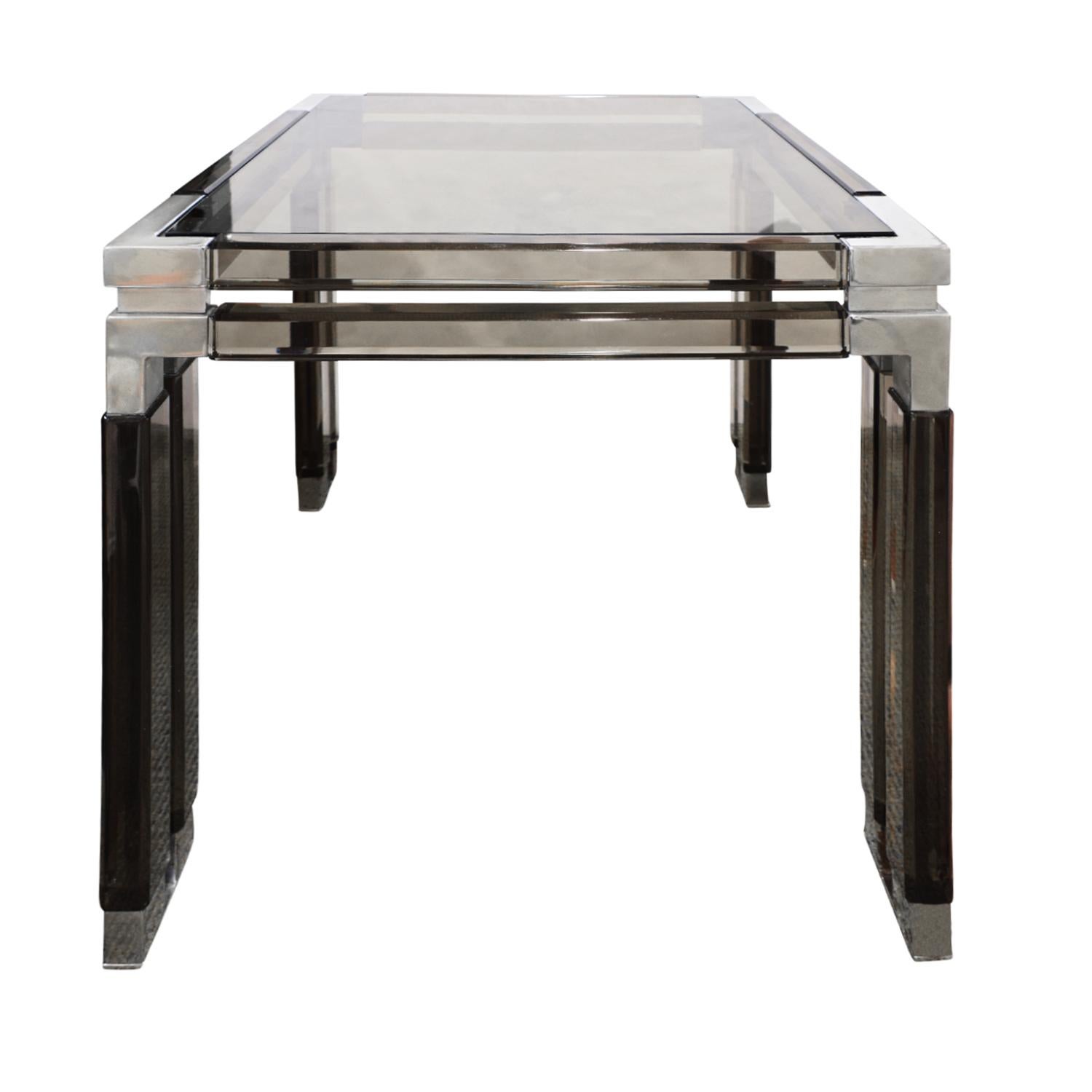 Incredible side table in smoke Lucite with polished chrome fittings and sabots by Hudson Rissman for Paul Laszlo, American 1983. Comes with original invoice to Paul Laszlo stating it was a custom order and also includes a hand-written note by Paul
