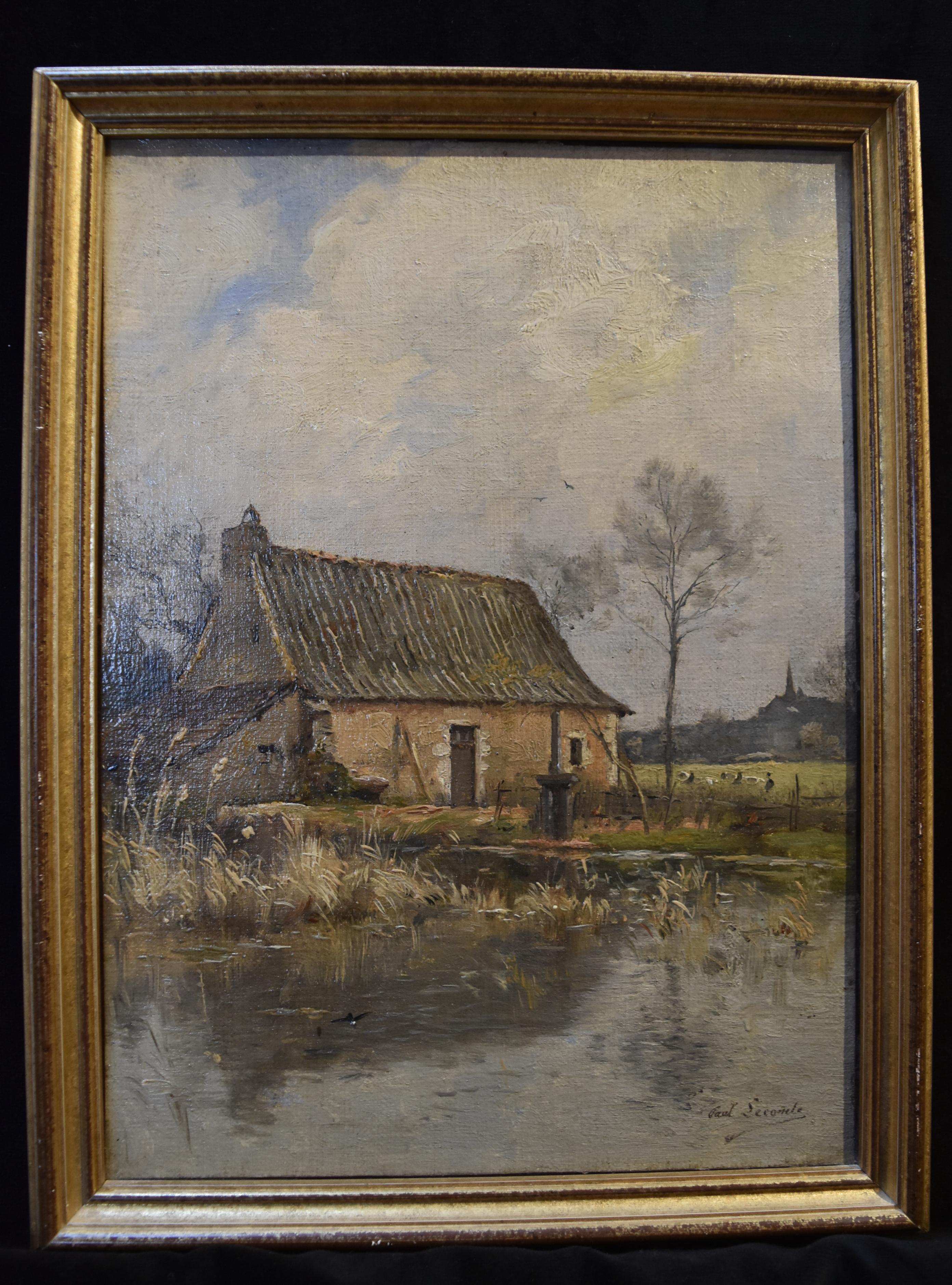 Paul Lecomte (1842-1920) Eine Farm in der Nähe eines Teichs, Öl auf Leinwand, signiert 1