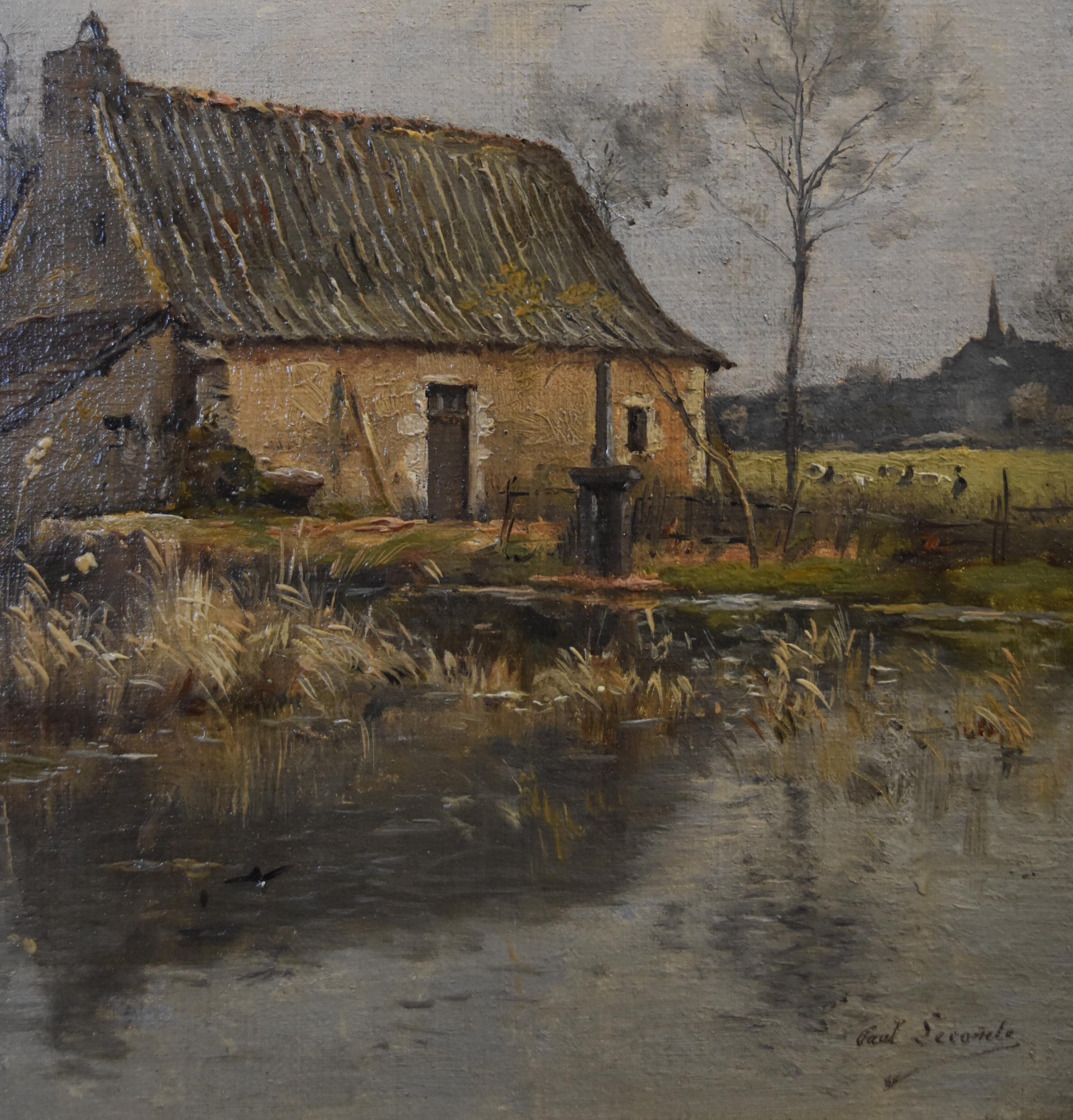 Paul Lecomte (1842-1920) Eine Farm in der Nähe eines Teichs, Öl auf Leinwand, signiert 4