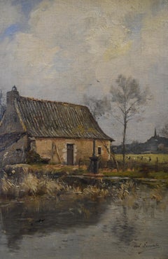 Paul Lecomte (1842-1920) Una fattoria vicino a uno stagno, Olio su tela, firmato