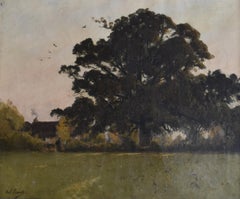 Paul Lecomte (1842-1920) Paysage avec une ferme au coucher du soleil, huile sur toile