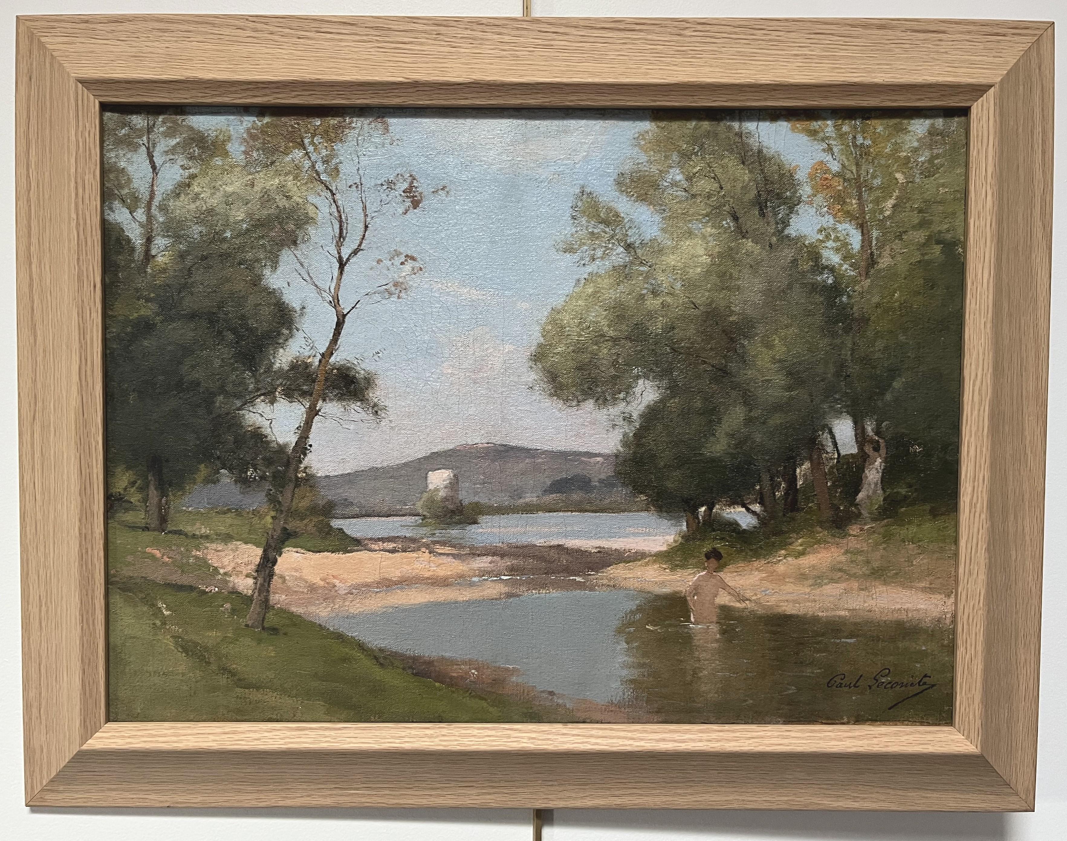 Paul Lecomte (1842-1920) Landschaft mit einer Badenden, Öl auf Leinwand signiert im Angebot 1