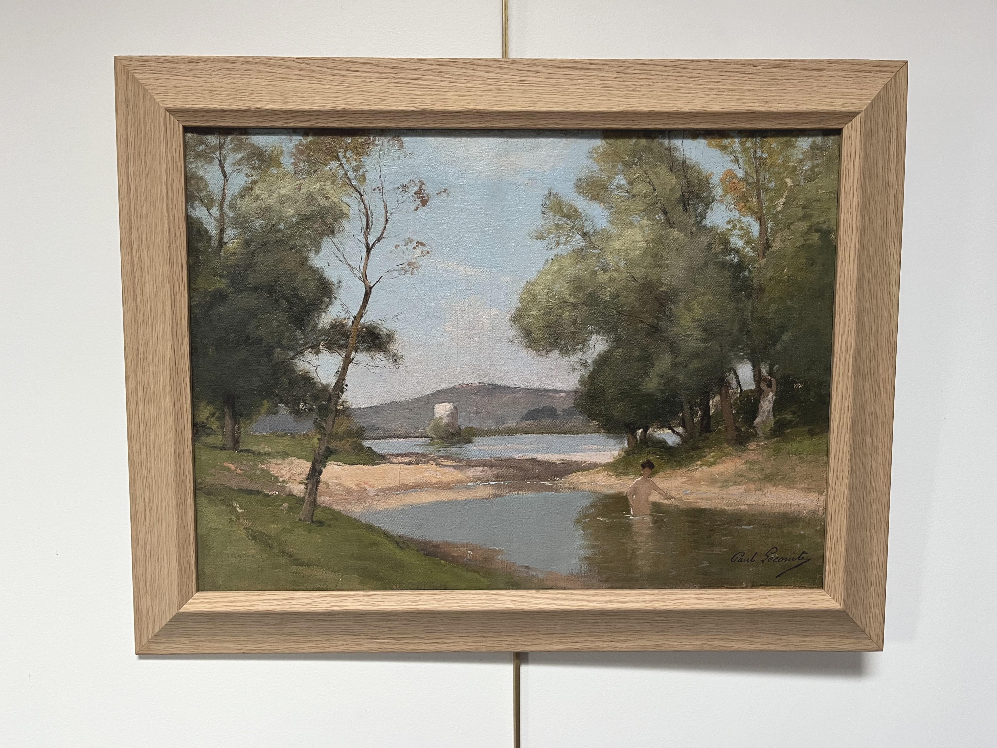 Paul Lecomte (1842-1920) Landschaft mit einer Badenden, Öl auf Leinwand signiert im Angebot 2