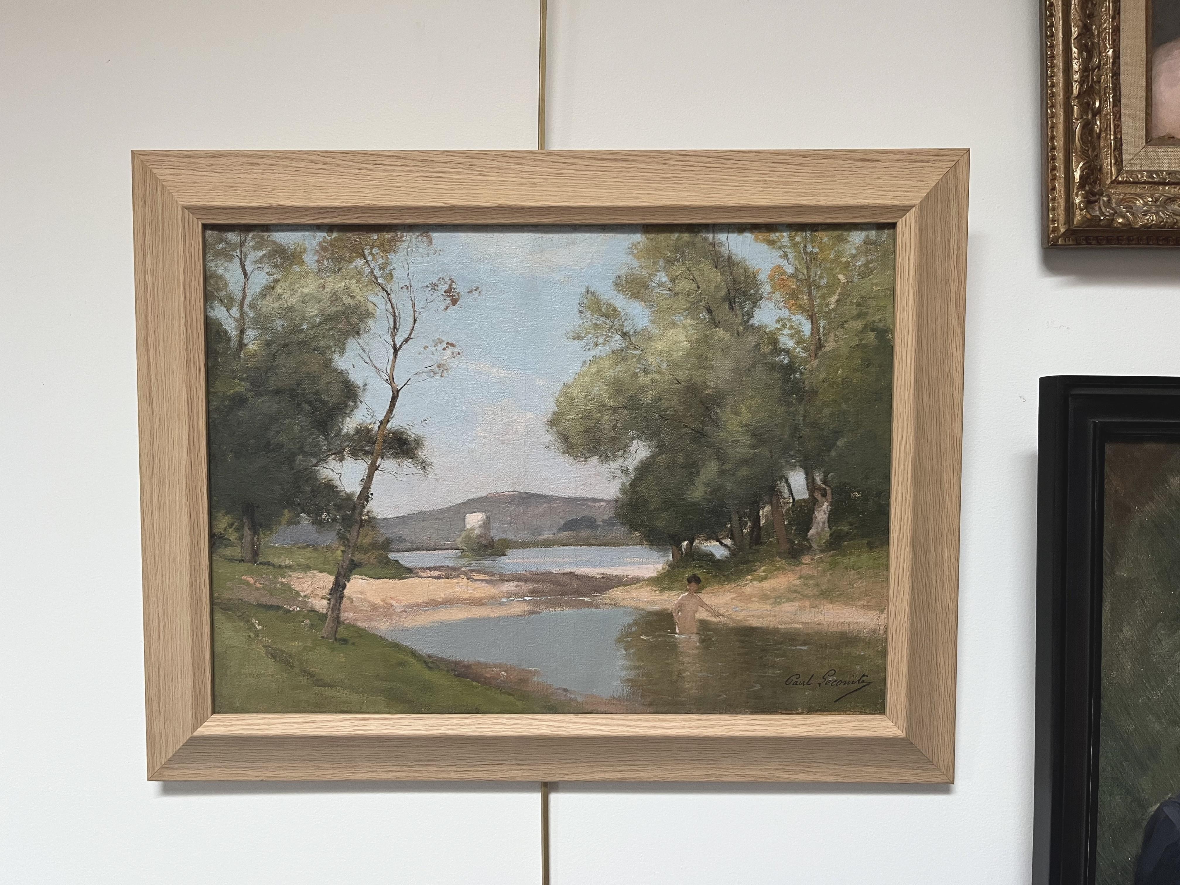 Paul Lecomte (1842-1920) Landschaft mit einer Badenden, Öl auf Leinwand signiert im Angebot 3
