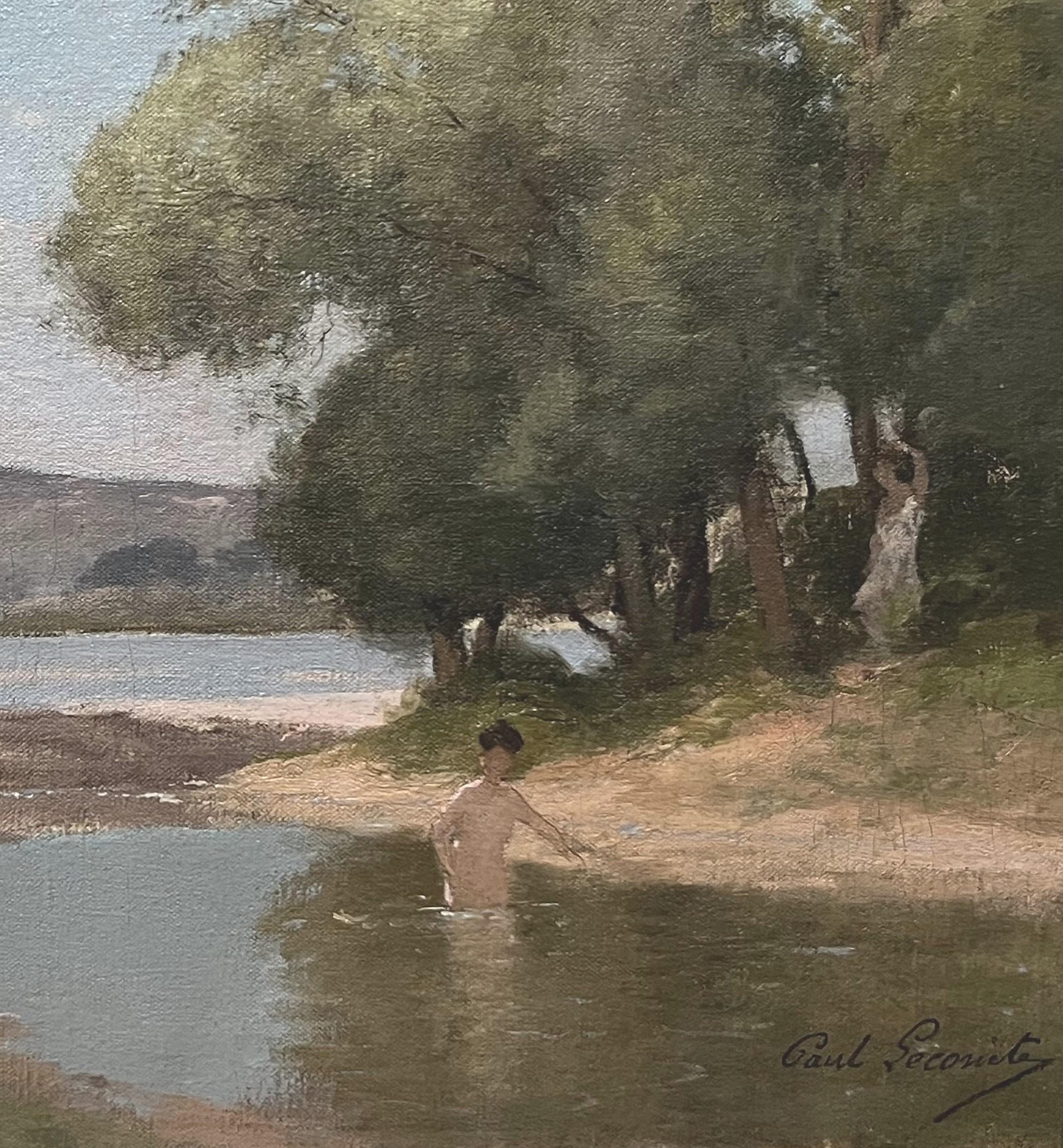 Paul Lecomte (1842-1920) Landschaft mit einer Badenden, Öl auf Leinwand signiert im Angebot 4