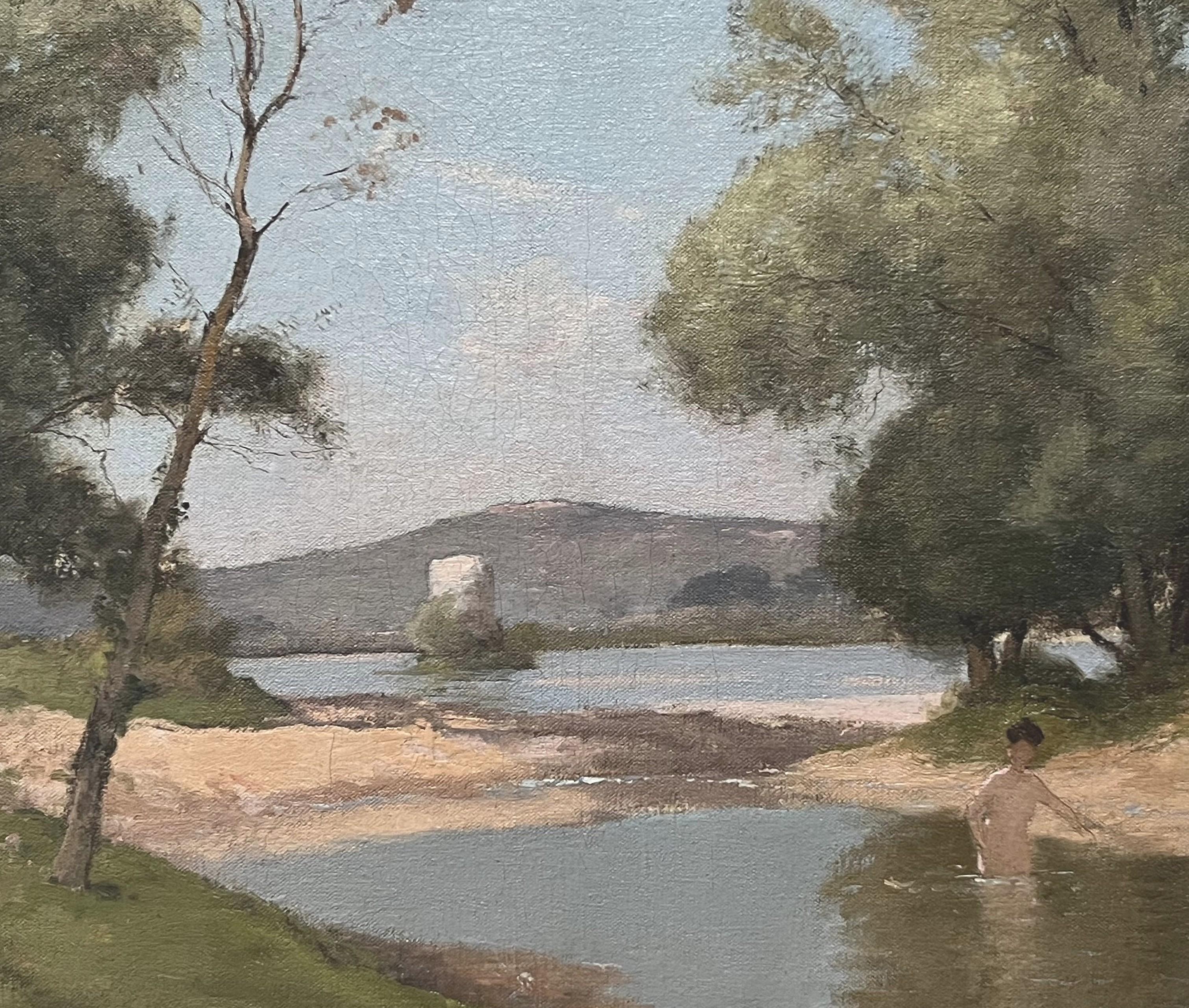 Paul Lecomte (1842-1920) Landschaft mit einer Badenden, Öl auf Leinwand signiert im Angebot 5