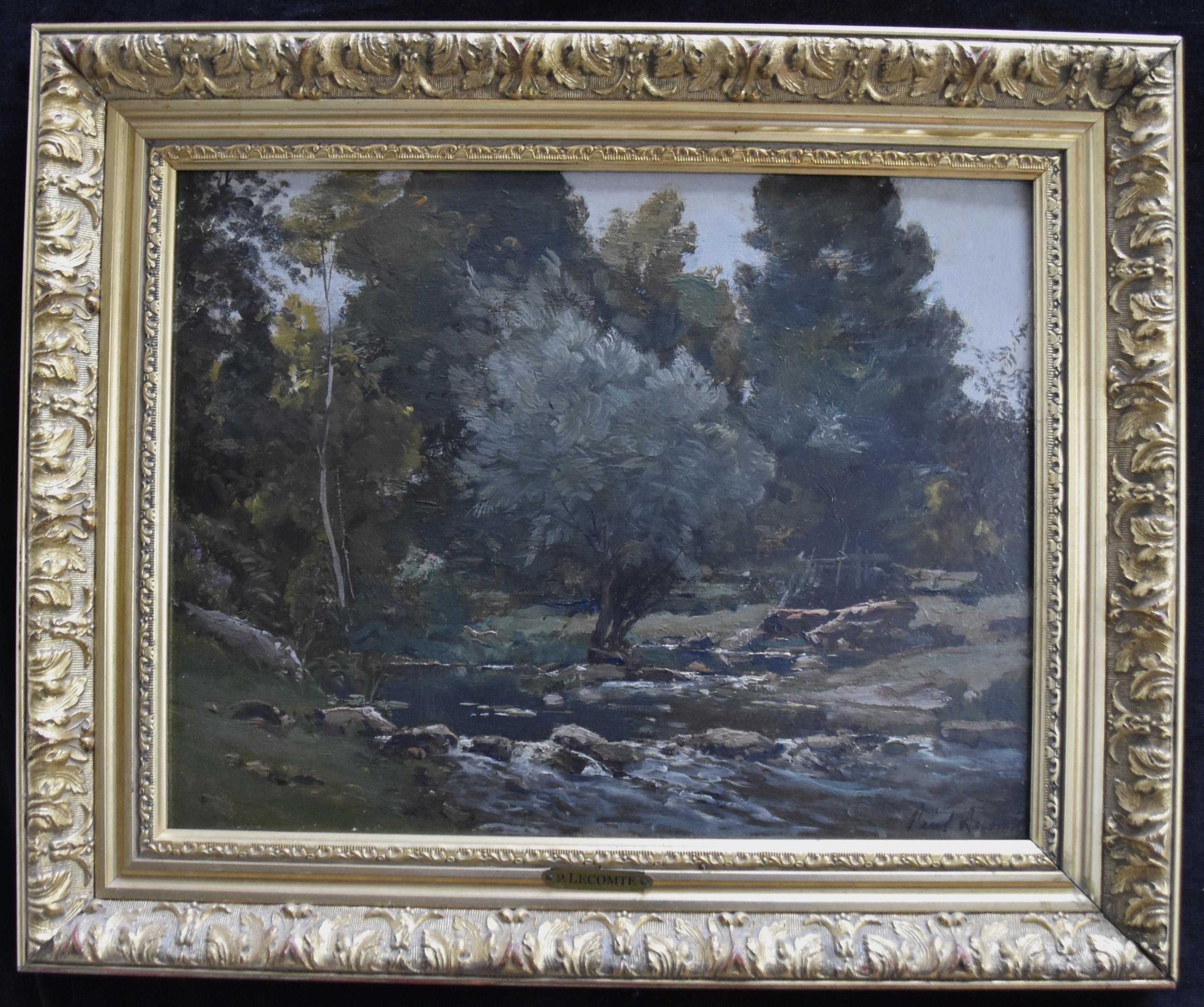 Paul Lecomte (1842-1920)
A Landscape with a river
Oil on cardboard panel
signed on the lower right
27 x 34.5 cm
In good condition, a very tiny lack of paint on the lower left border
Framed 37  x 44.5 cm  vintage frame, some lacks in the gilding (see