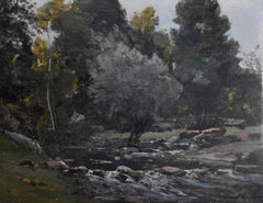 Paul Lecomte (1842-1920) Paysage avec une rivière, huile sur panneau signée