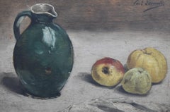 Paul Lecomte (1842-1920) Nature morte avec des pommes et une cruche verte:: Huile sur panneau