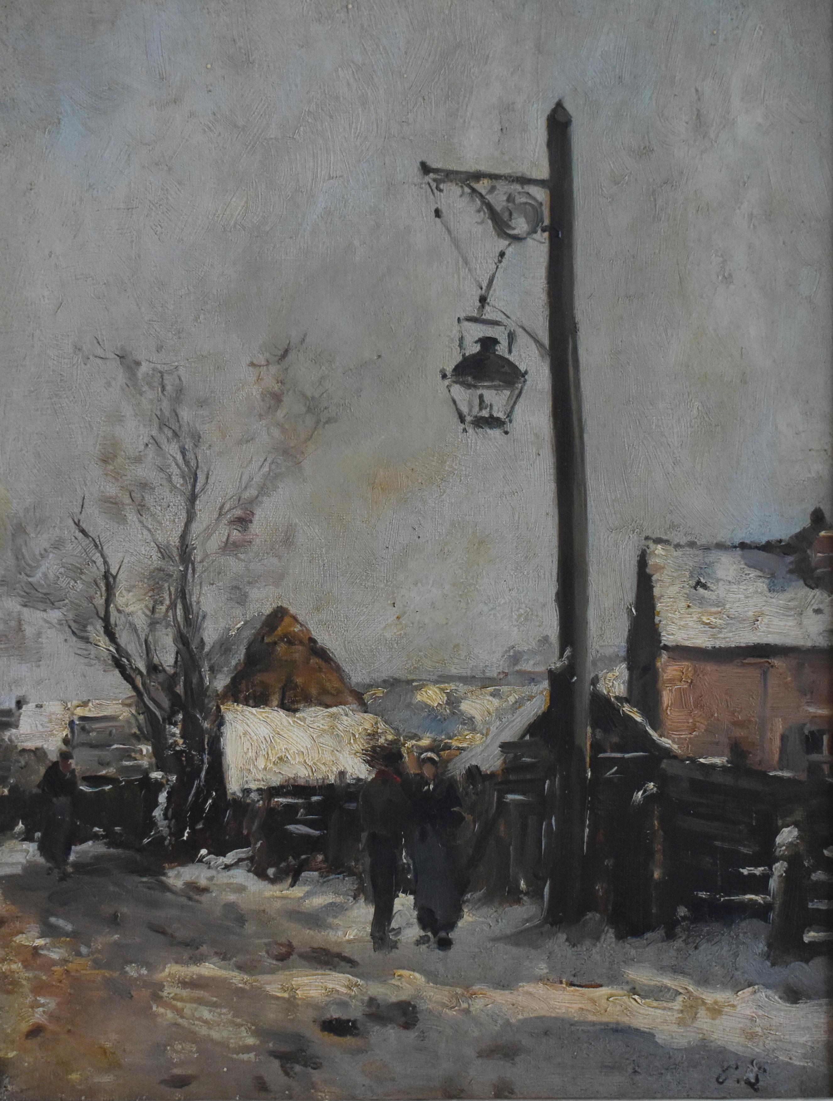 Paul LECOMTE (1842-1920) French School 
Outside the Village

A desolate snow covered landscape with two figures huddled by the village lantern. The lantern was used to guide weary travellers between remote locations before the invention of satnav. 