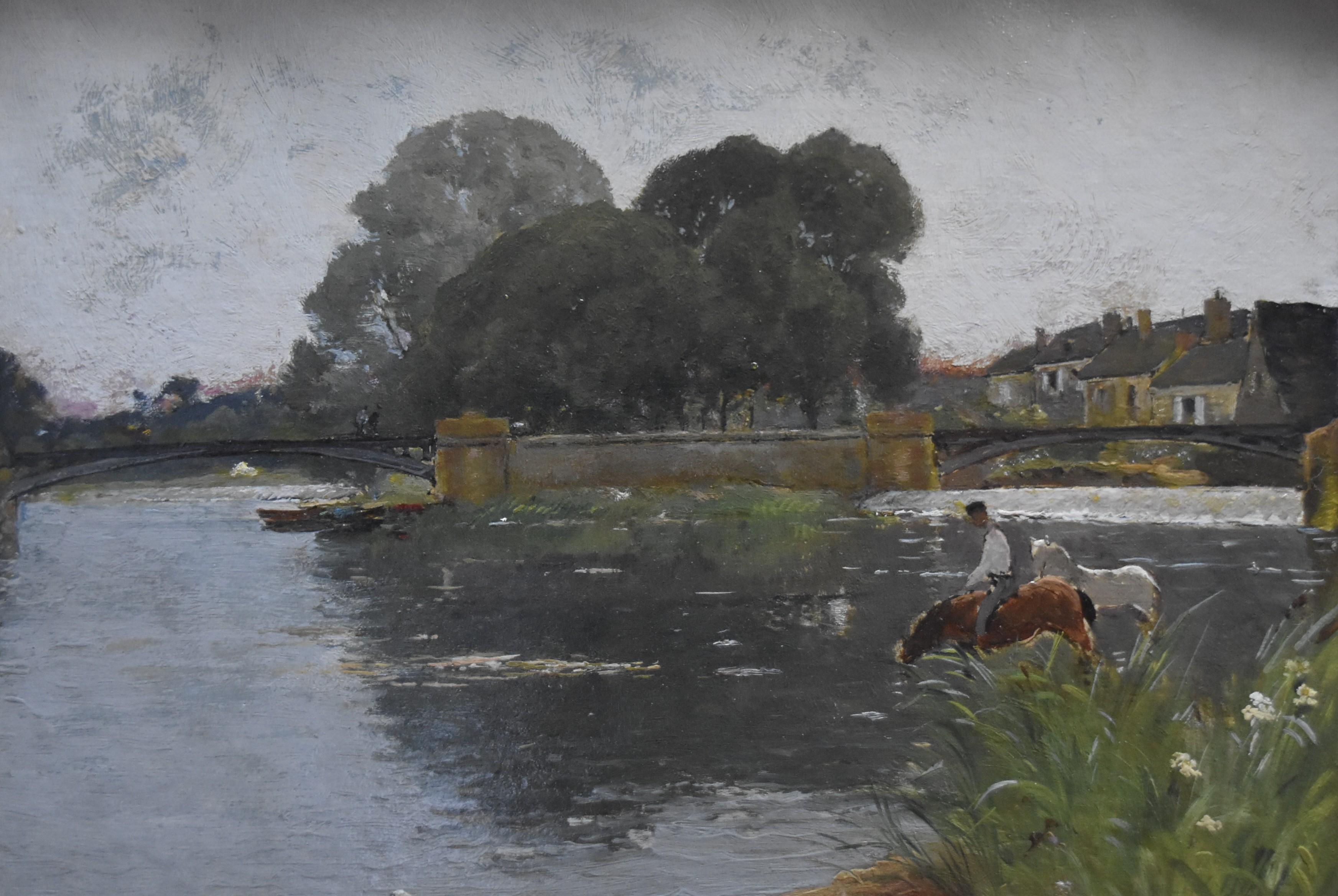 Paul Lecomte (1842-1920)  Horses at the river, signed oil painting 6