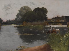 Paul Lecomte (1842-1920)  Horses at the river, signed oil painting