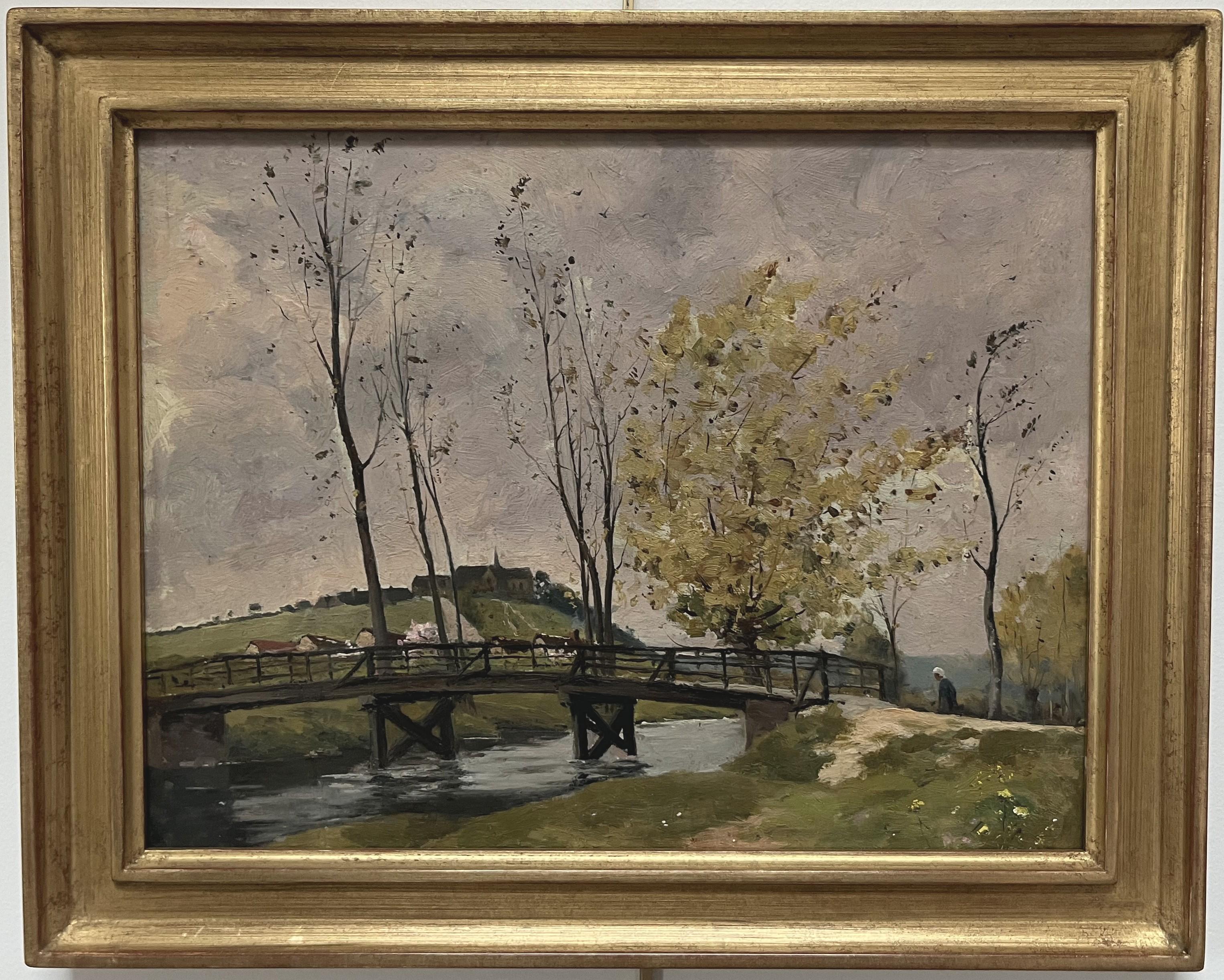 Paul Lecomte (1842-1920) Paesaggio con ponte, pittura ad olio in vendita 1