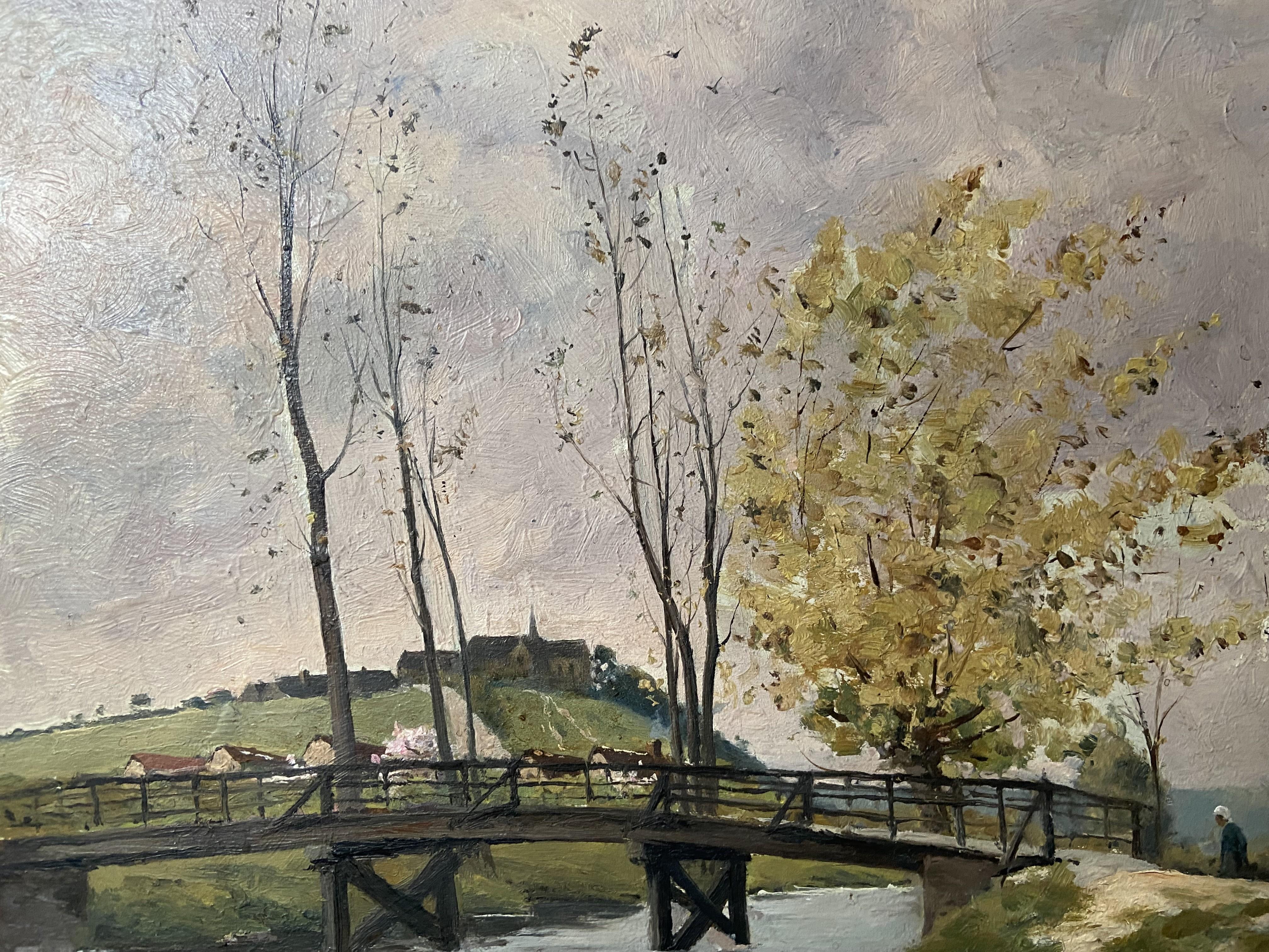 Paul Lecomte (1842-1920) Paesaggio con ponte, pittura ad olio in vendita 4