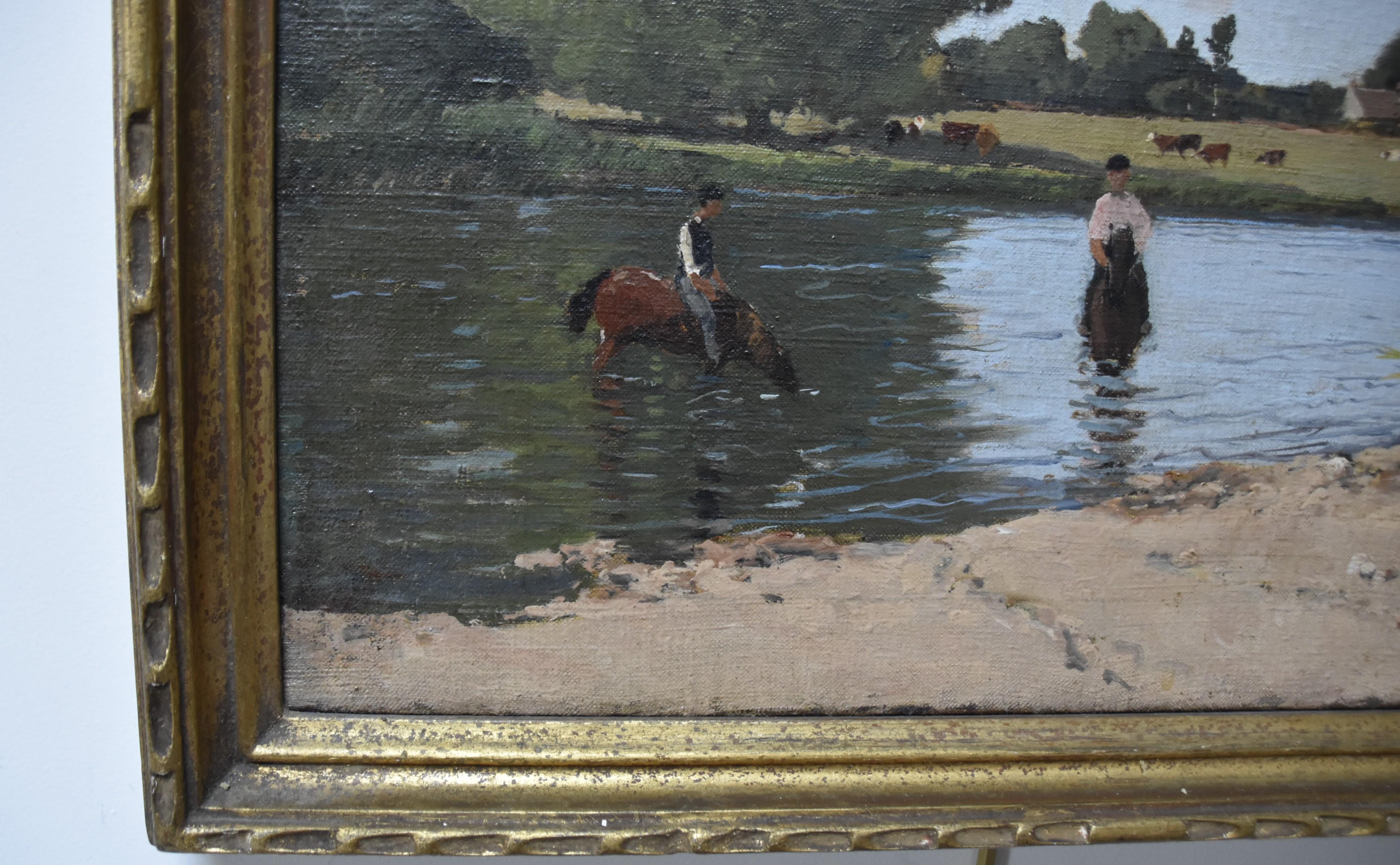Paul Lecomte (1842-1920) Paysage avec chevaux dans un étang, peinture à l'huile signée 8