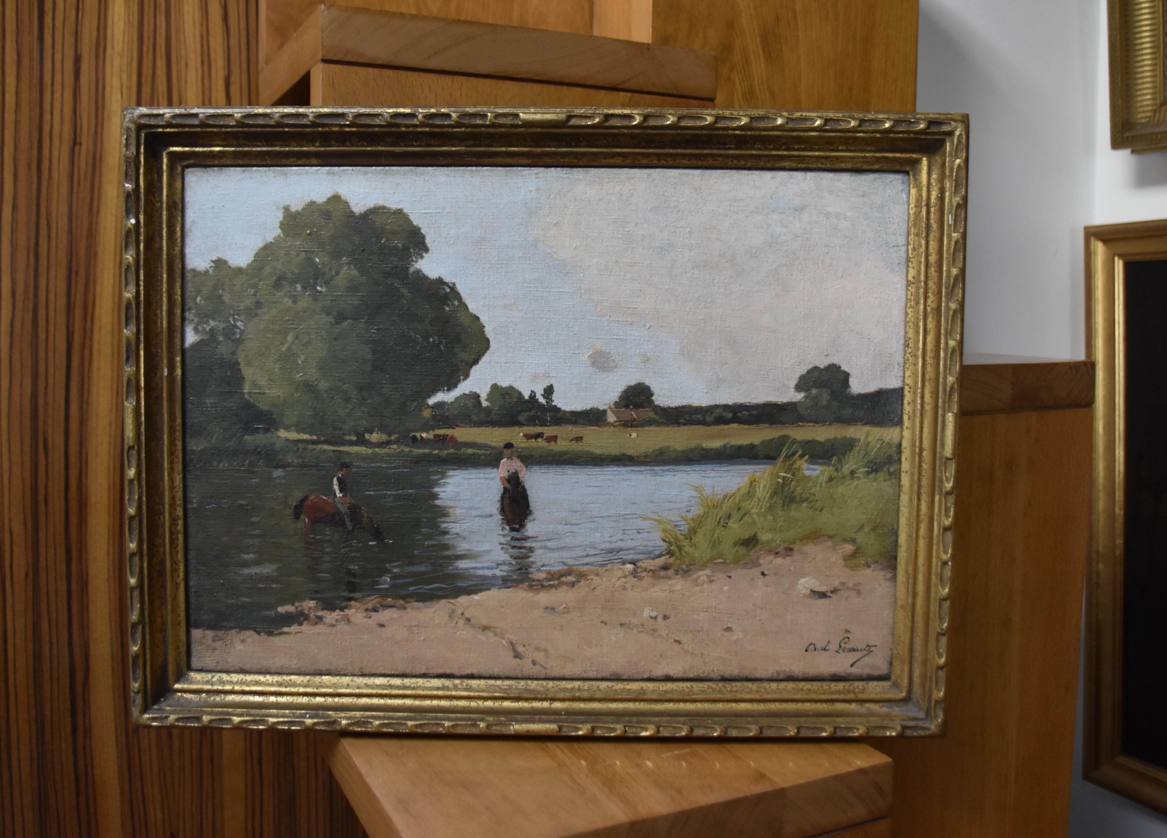 Paul Lecomte (1842-1920) Paysage avec chevaux dans un étang, peinture à l'huile signée 9