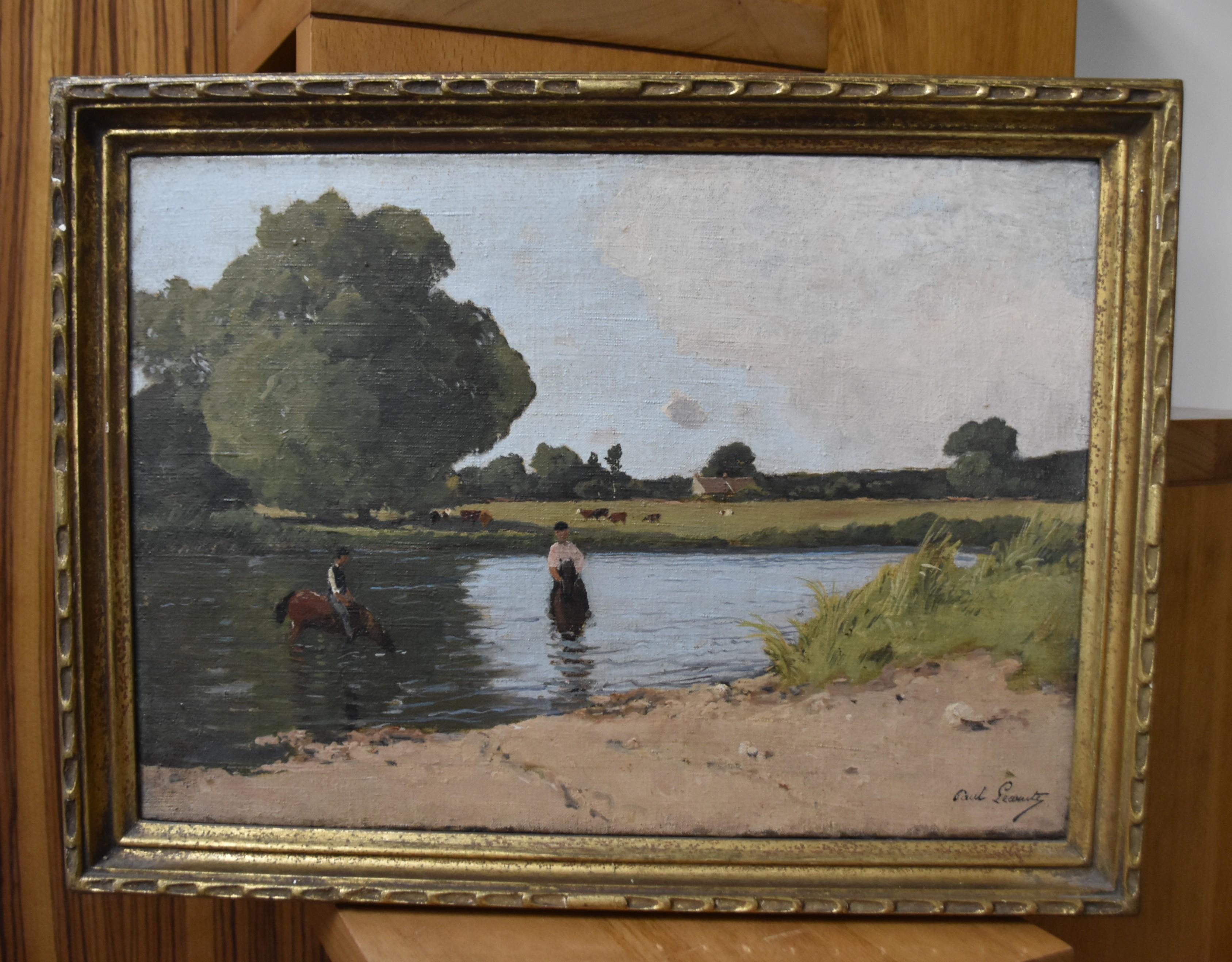 Paul Lecomte (1842-1920) Paysage avec chevaux dans un étang, peinture à l'huile signée 10