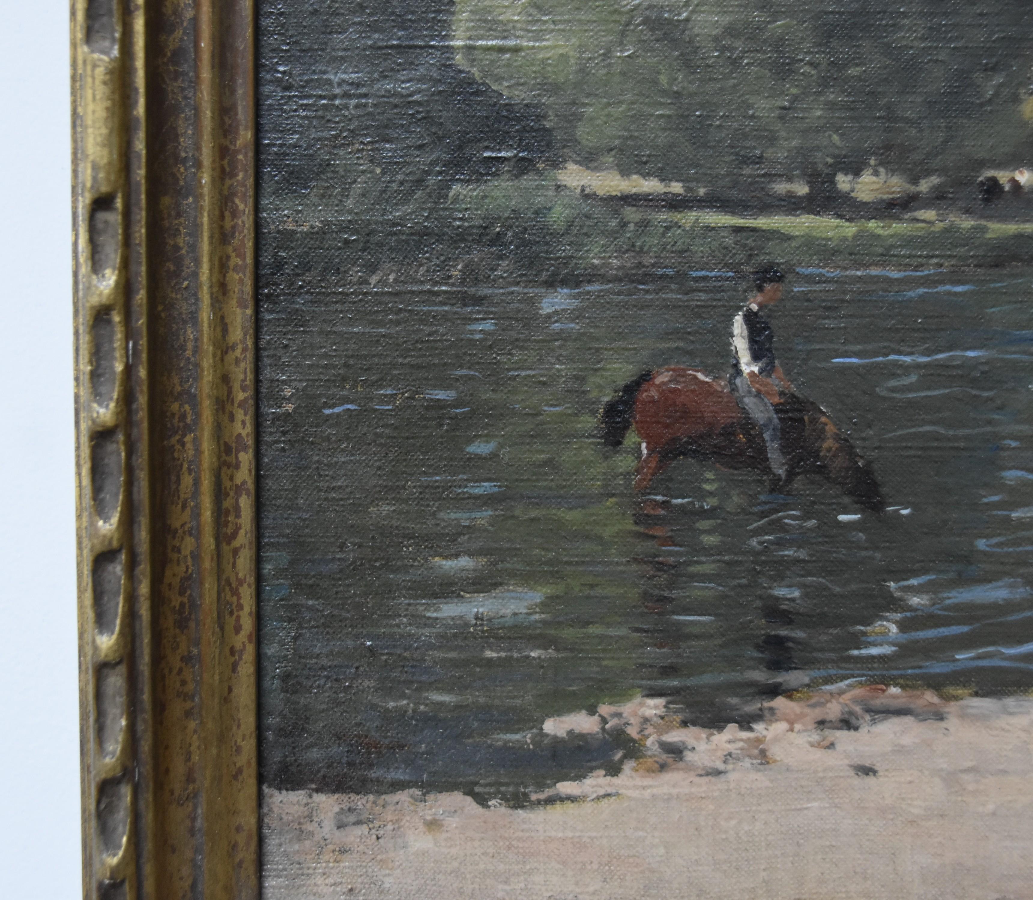 Paul Lecomte (1842-1920) Paysage avec chevaux dans un étang, peinture à l'huile signée 1