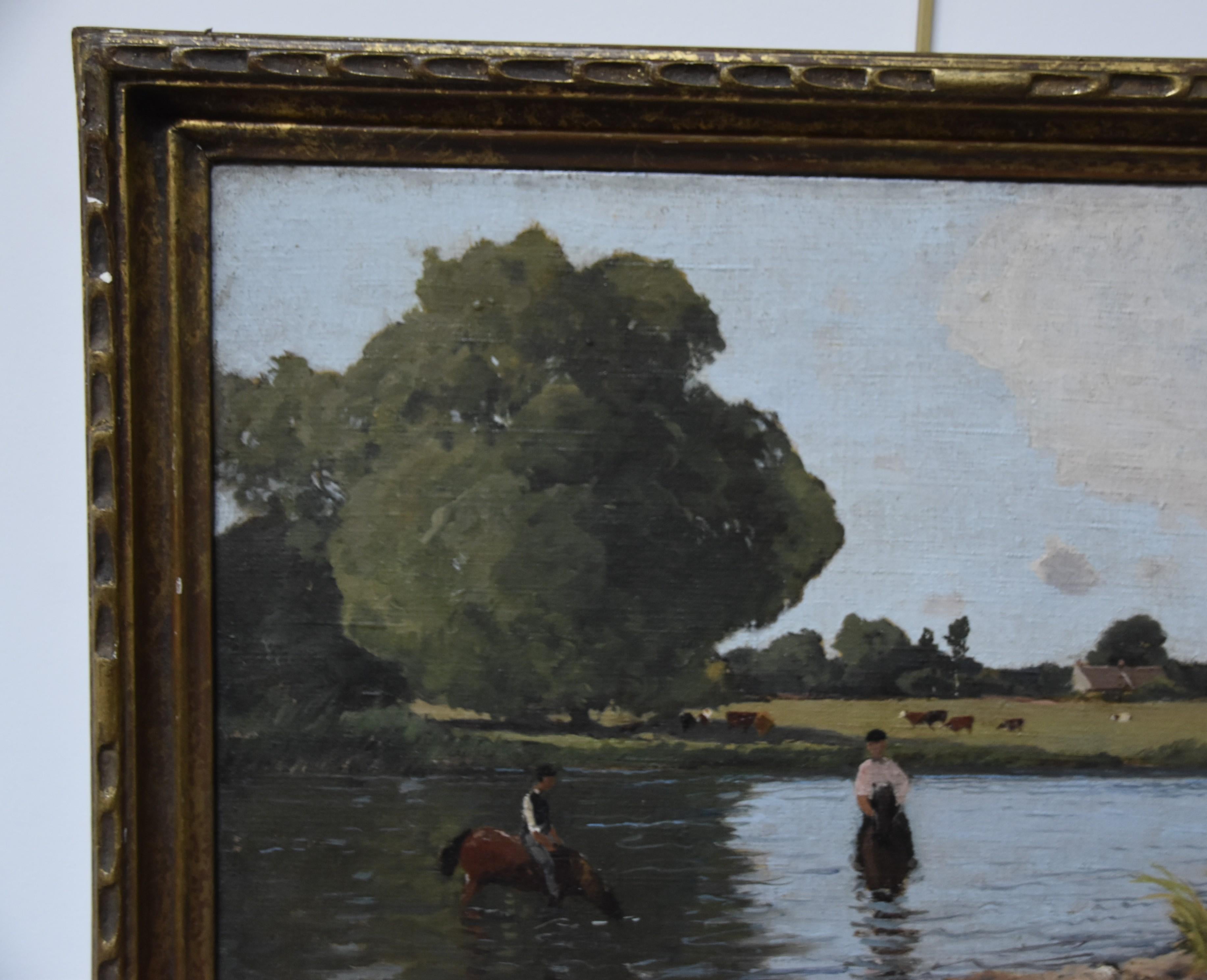 Paul Lecomte (1842-1920) Paysage avec chevaux dans un étang, peinture à l'huile signée 2