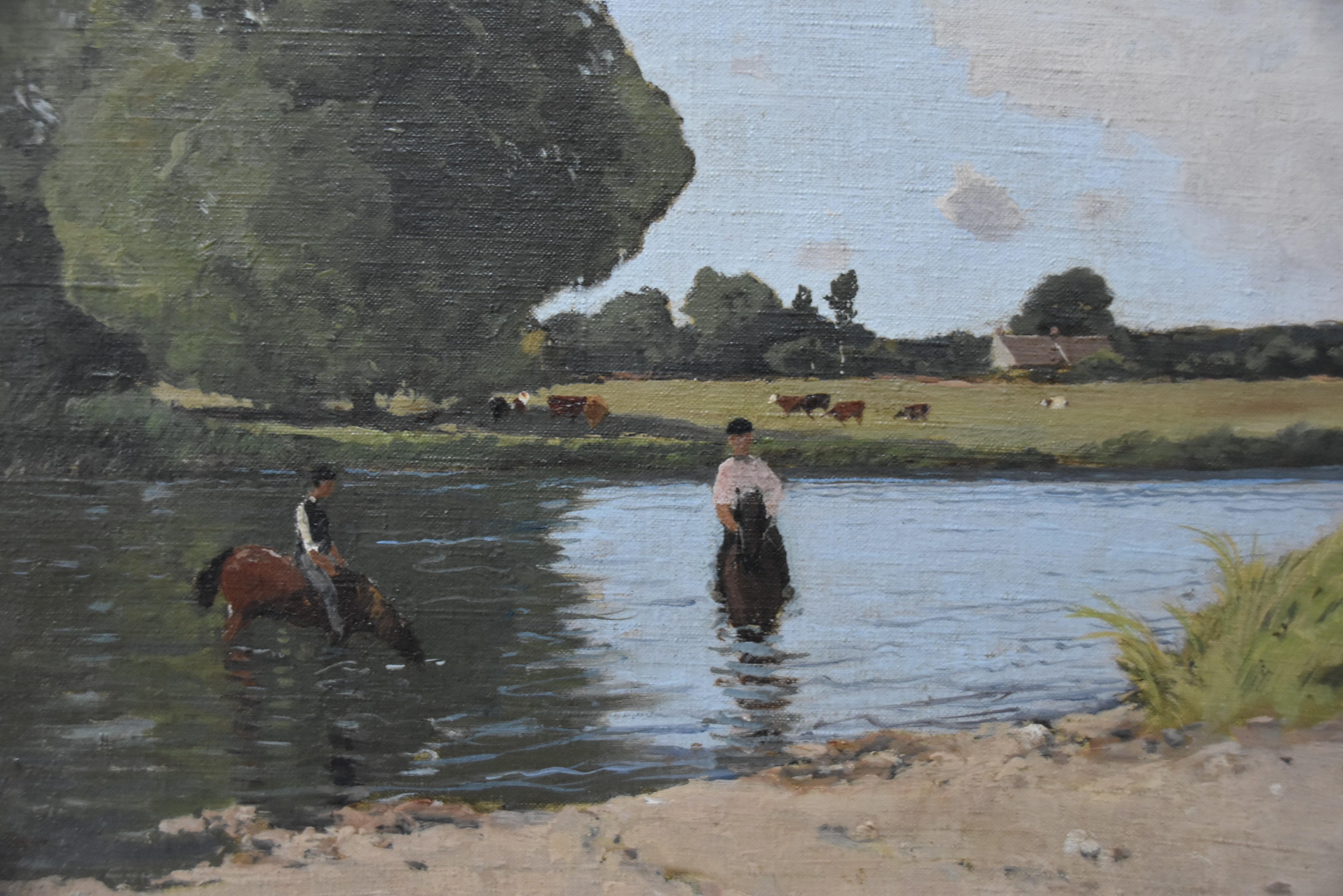 Paul Lecomte (1842-1920) Paysage avec chevaux dans un étang, peinture à l'huile signée 4