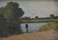 Paul Lecomte (1842-1920) Paysage avec chevaux dans un étang, peinture à l'huile signée