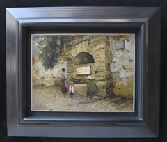 Paul Lecomte (1842-1920) Mother and daughter at a fountain, signed oil painting