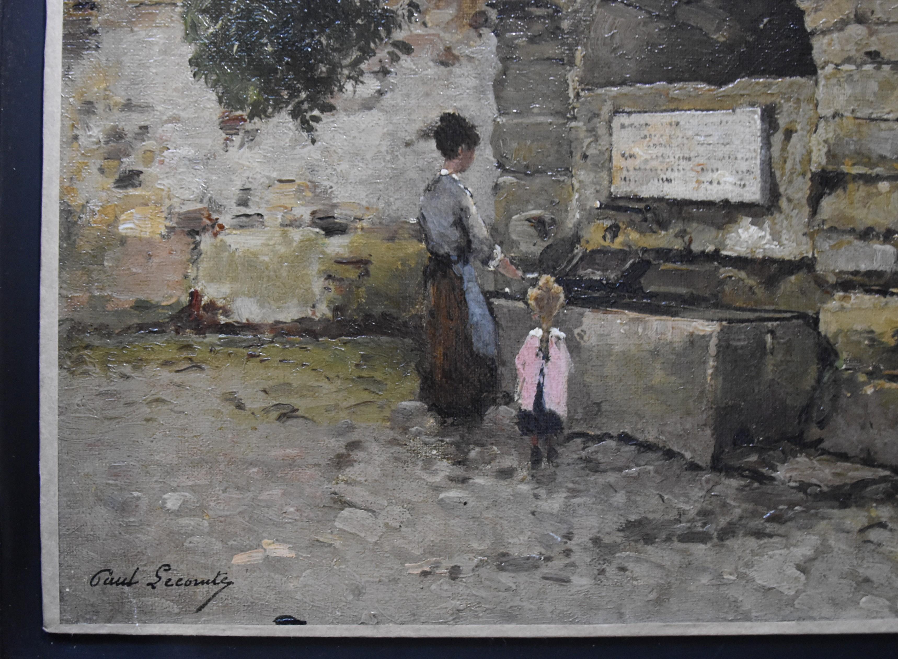 Paul Lecomte (1842-1920) Mother and daughter at a fountain, signed oil painting For Sale 4