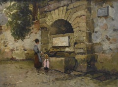 Paul Lecomte (1842-1920) Mère et fille à la fontaine, peinture à l'huile signée
