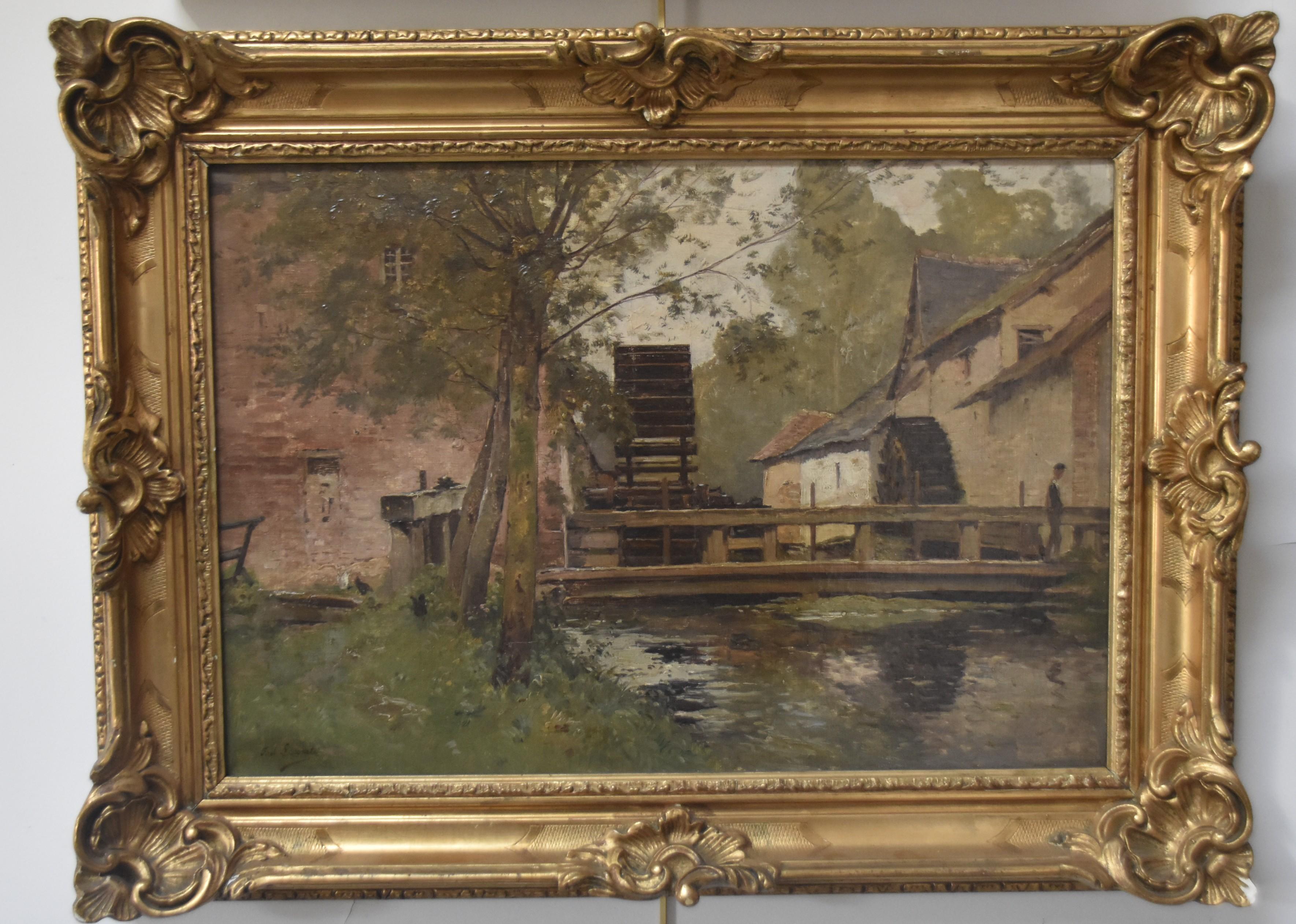 Paul Lecomte (1842-1920)
The Watermill
Signed on the lower left
Oil on canvas
38 x 55 cm
In good condition :  A trace of vertical stretcher visible under indirect light in the painting layer. Reparations visible on the reverse, but not perceptible