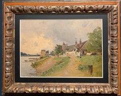 "Village au bord de riviere" , France, huile 36 cm x 26 cm, livraison gratuite vers 1880