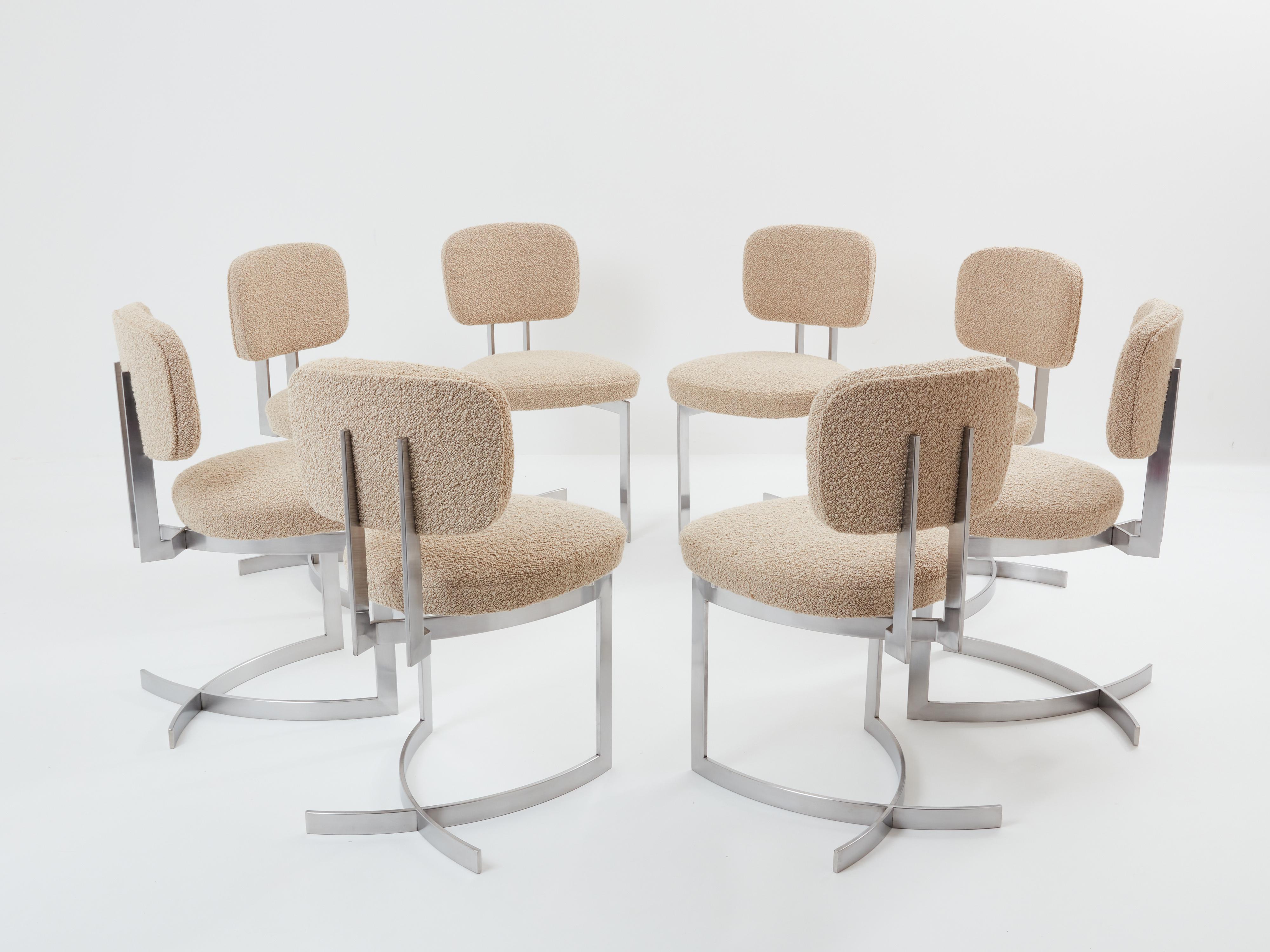 French Paul Legeard 8 chairs stainless steel wool bouclé 1970  For Sale