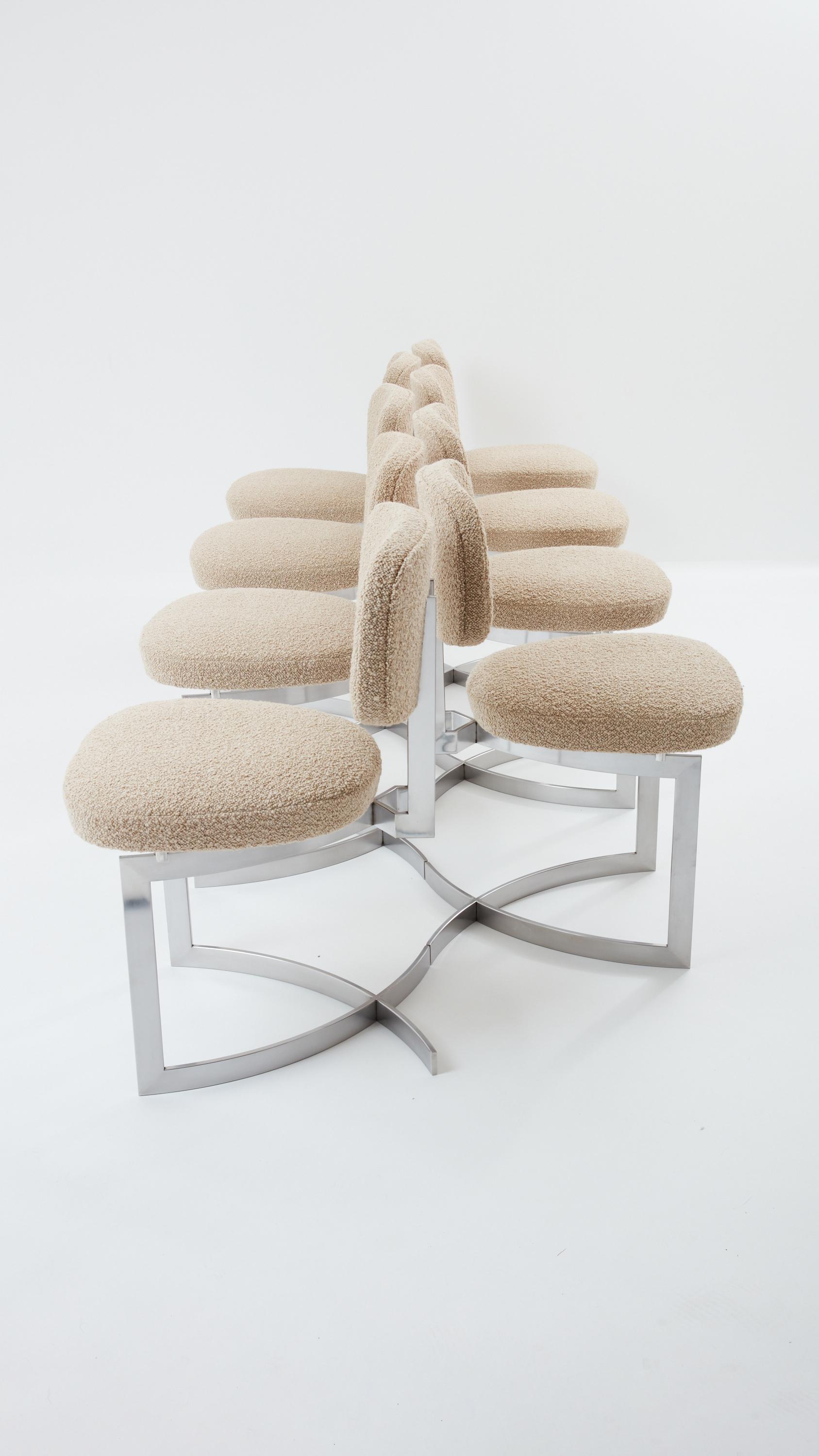 Late 20th Century Paul Legeard 8 chairs stainless steel wool bouclé 1970  For Sale