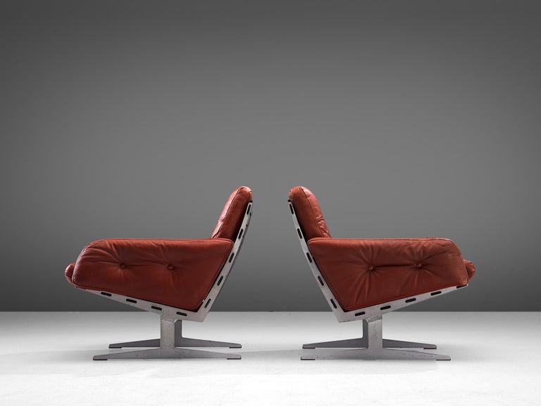 Danish Paul Leidersdorff for Cado 'Caravelle' Pair of Lounge Chairs in Red Leather For Sale