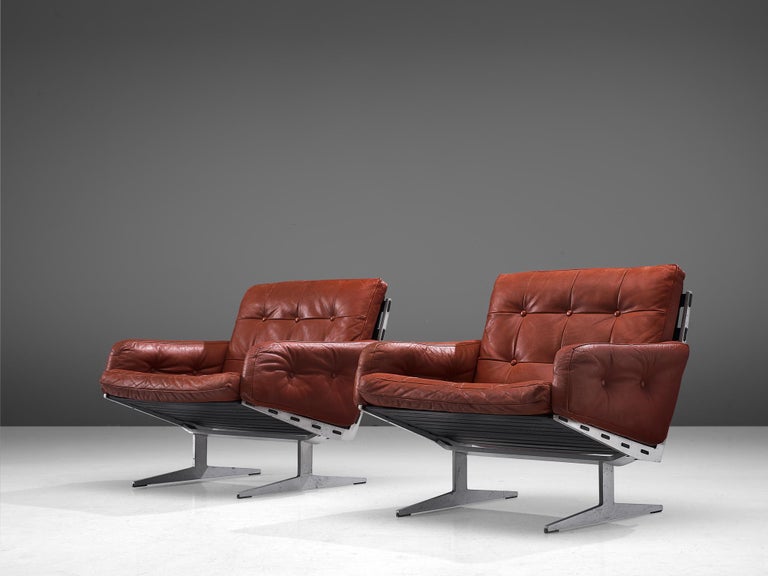 Mid-20th Century Paul Leidersdorff for Cado 'Caravelle' Pair of Lounge Chairs in Red Leather For Sale