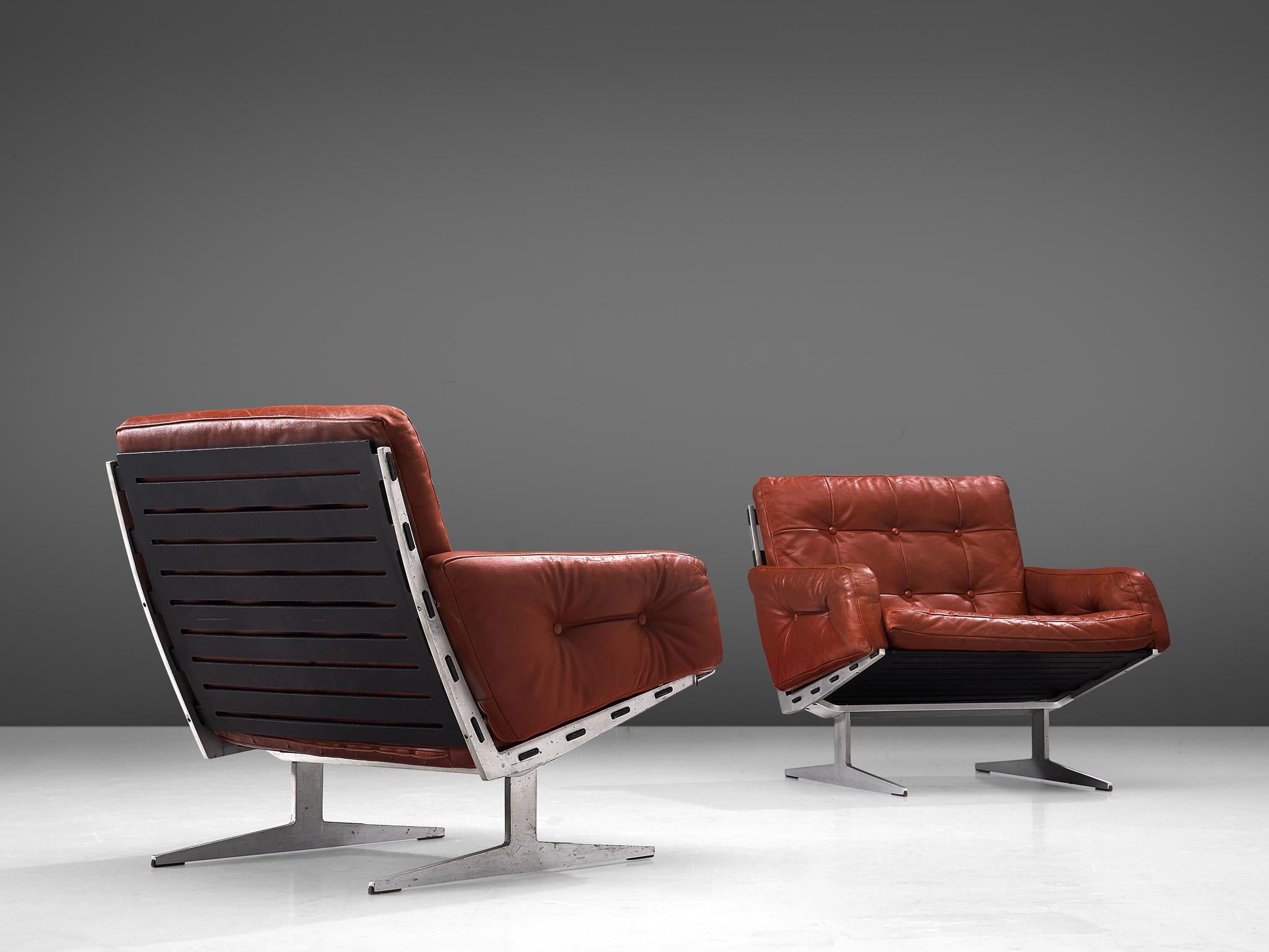 Aluminum Paul Leidersdorff for Cado 'Caravelle' Pair of Lounge Chairs in Red Leather For Sale