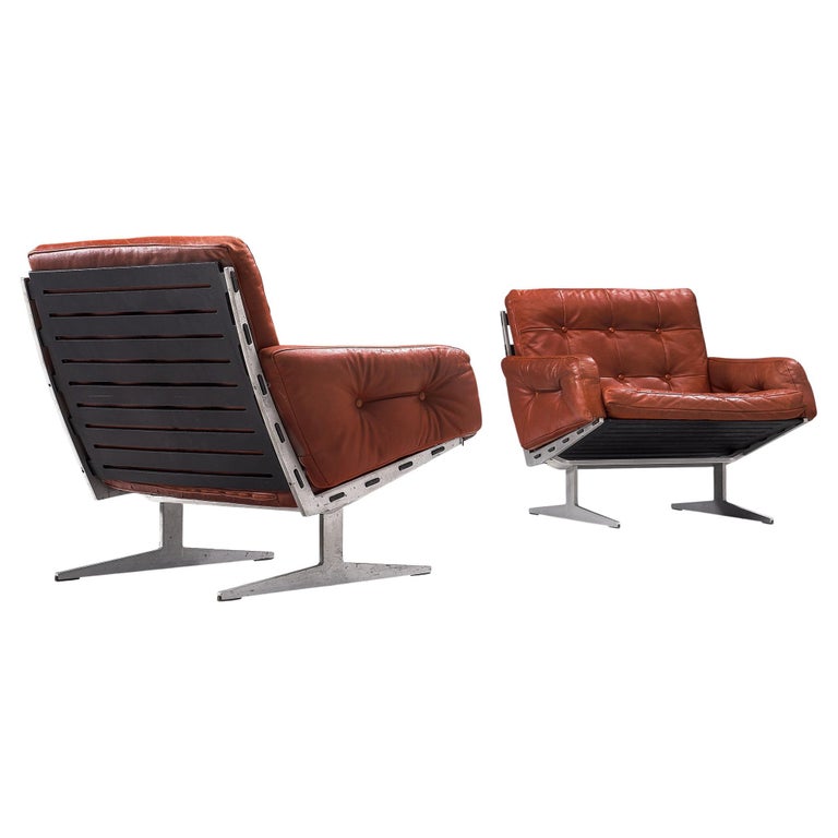 Paul Leidersdorff for Cado 'Caravelle' Pair of Lounge Chairs in Red Leather For Sale
