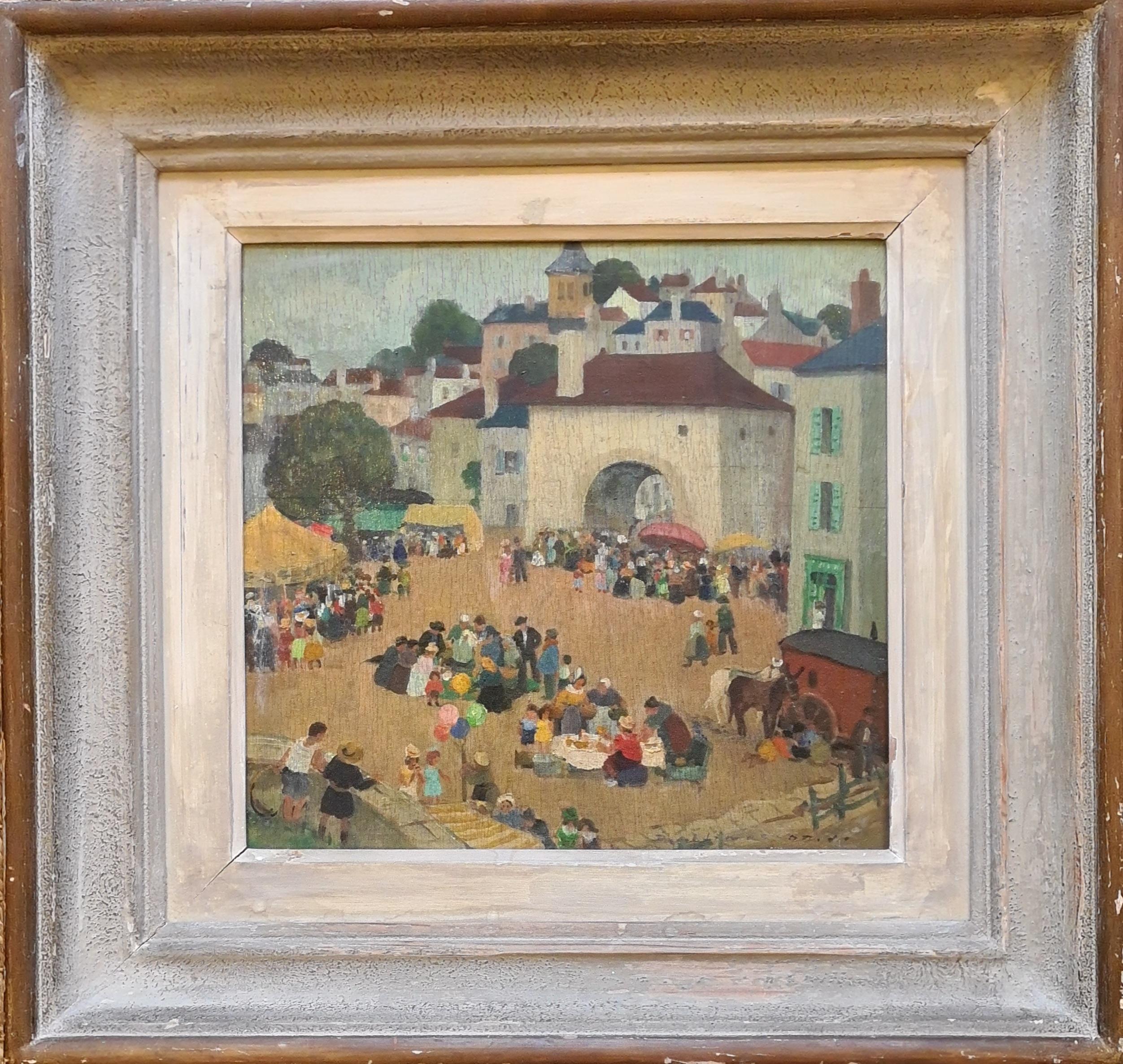 Colourful MidCentury Village Scene, Hommage to Brueghel, All the Fun of the Fair - Painting by Paul Lemasson