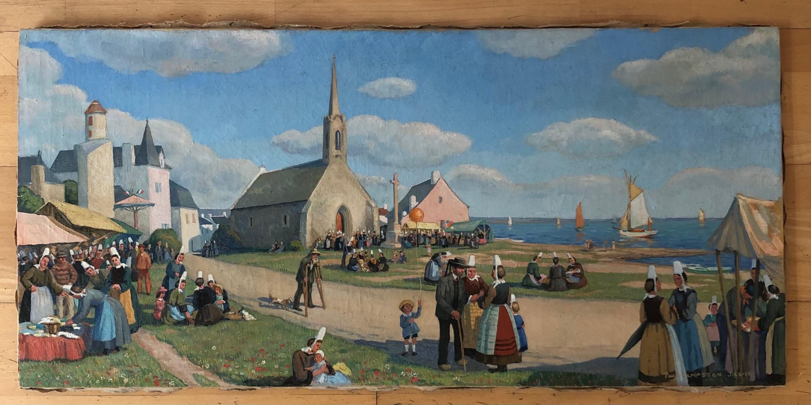 Market on the church square, Brittany - Painting by Paul Lemasson