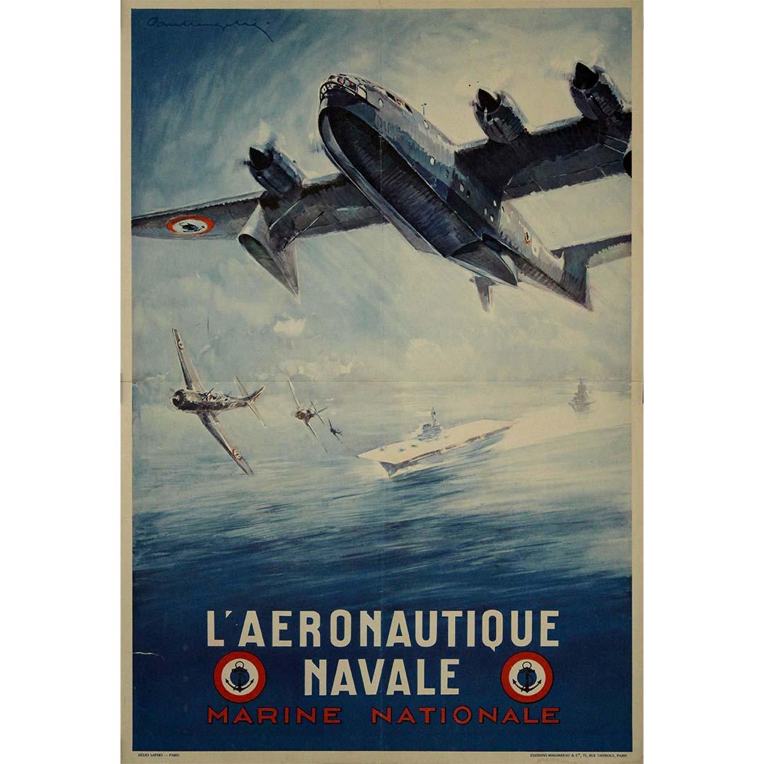 This circa 1940 original poster by renowned artist Paul Lengellé is a striking tribute to the French Naval Aviation, "L'aéronautique Navale." Lengellé, celebrated for his exceptional aviation and military-themed artwork, has crafted a piece that