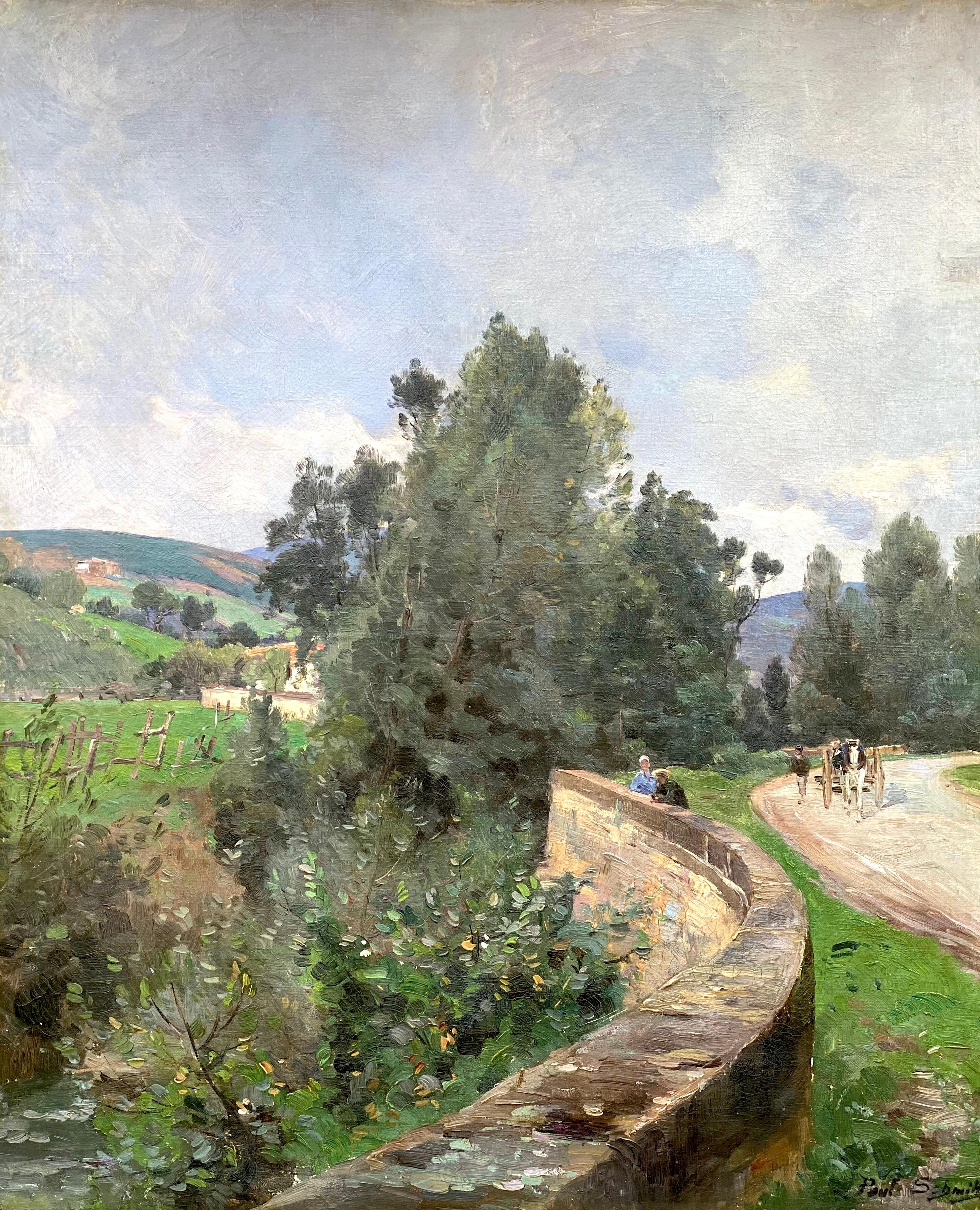 Kutschfahrt auf dem Lande an einem Sommertag um 1880 Impressionistisches Gemälde (Impressionismus), Painting, von Paul Leon Felix Schmitt