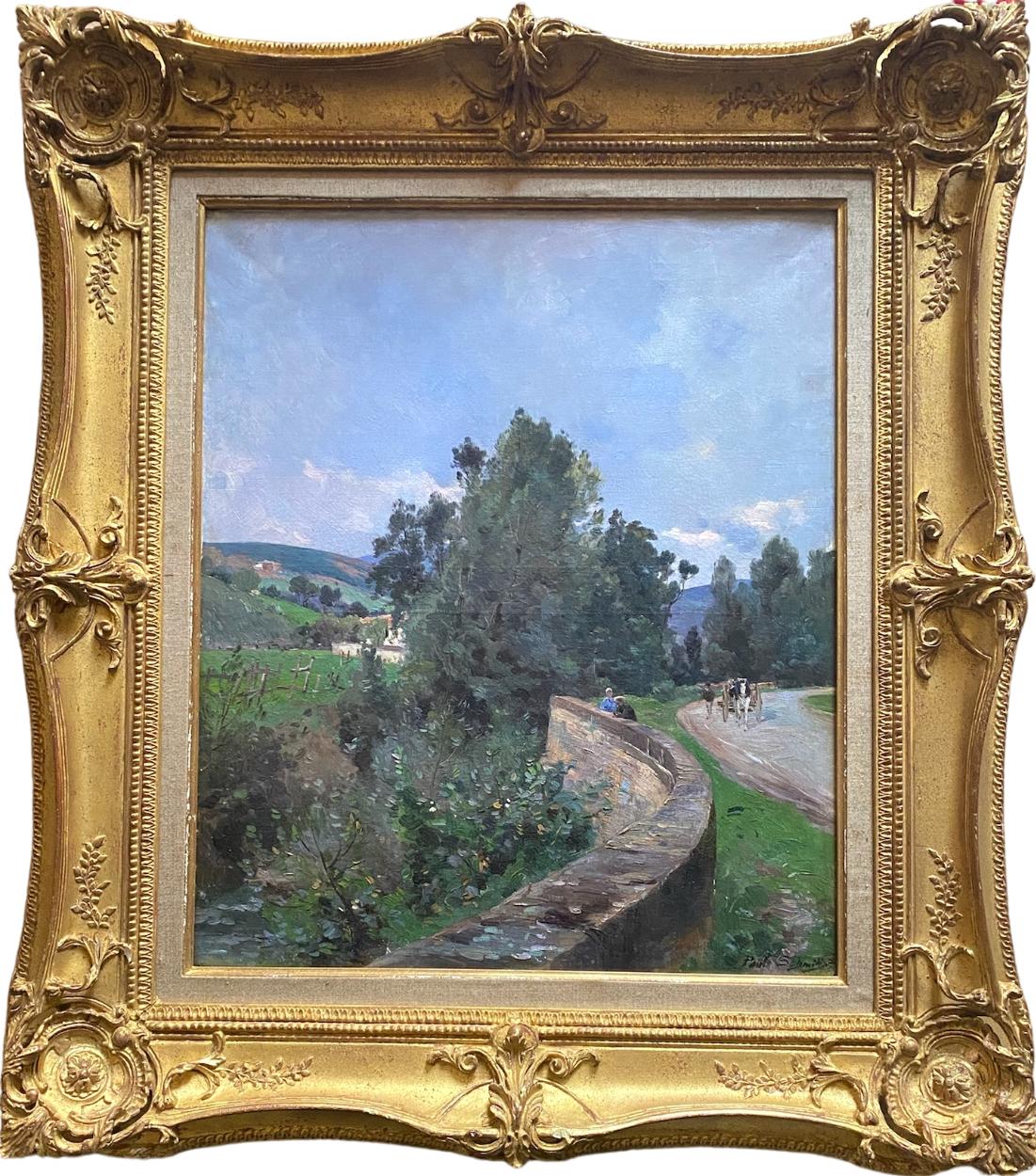 Paul Leon Felix Schmitt Figurative Painting – Kutschfahrt auf dem Lande an einem Sommertag um 1880 Impressionistisches Gemälde