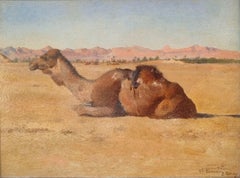 French Realist Orientalist Painting Camel Landscape Algeria Late 19th