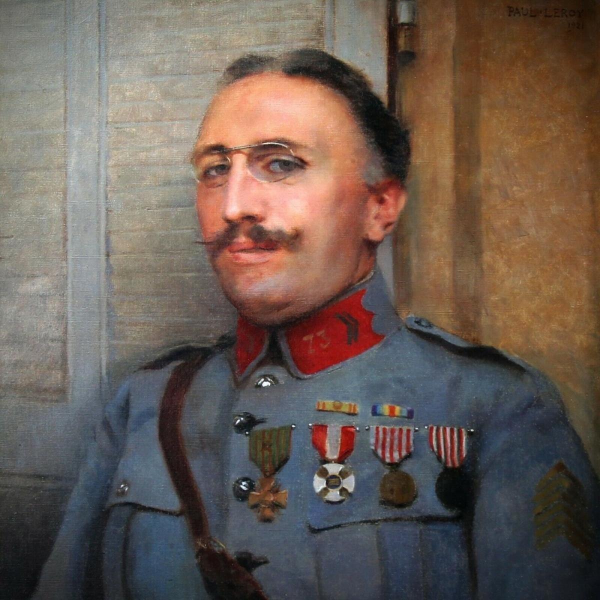 Pittura a olio su tela datata 1921, ritratto militare di Paul LeRoyer - Painting di Paul Leroy