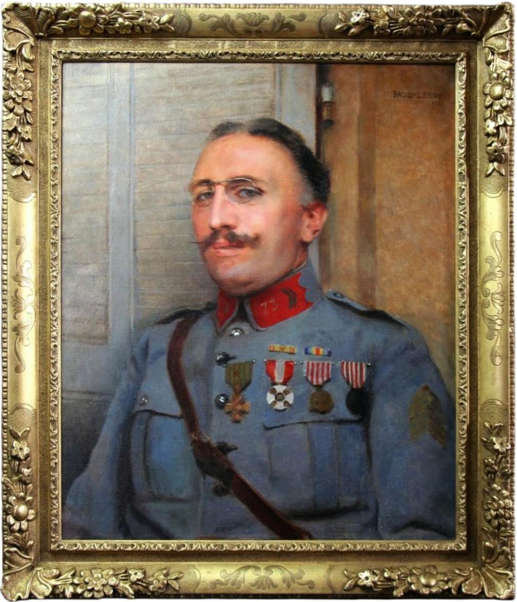 Pittura a olio su tela datata 1921, ritratto militare di Paul LeRoyer